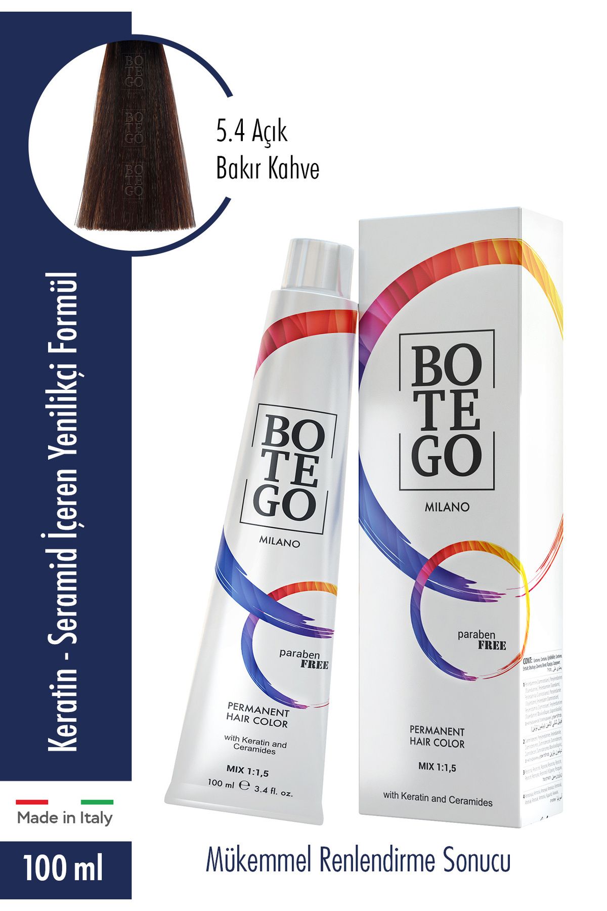 botegohair Botego Profesyonel Saç Boyası 100 ml Kalıcı Krem Boya - 5.4 Bakır Açık Kahve