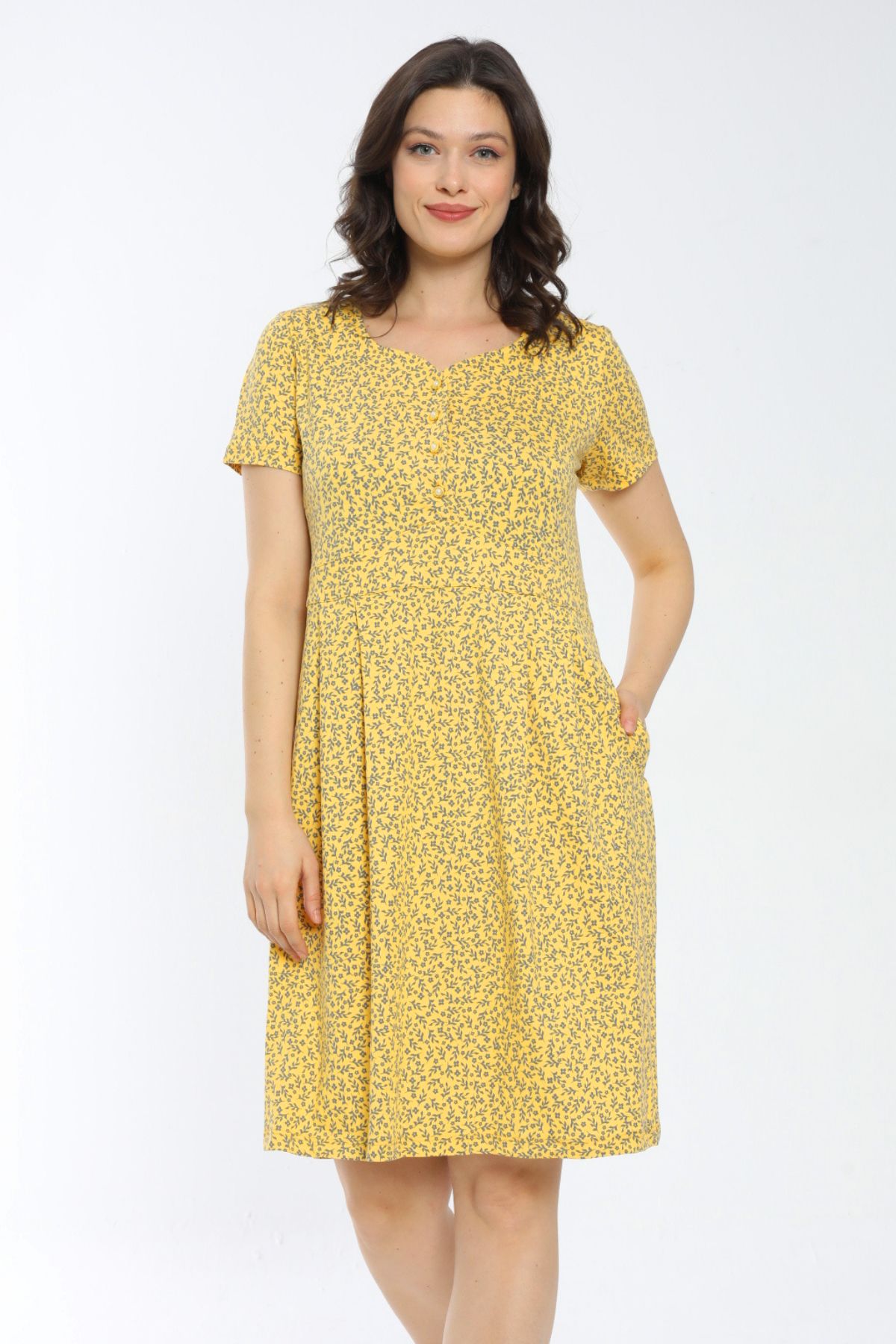 İntensive desenli kısa kollu düğmeli pamuklu modal elbise