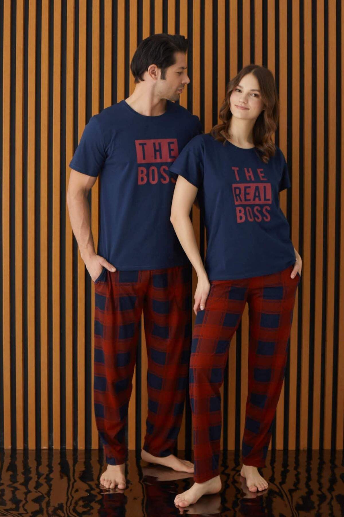 Meba Kadın!!!! Lacivert Ekose Desen Alt Uzun Çeyizlik Sevgili Çift Pijama Takımı -2