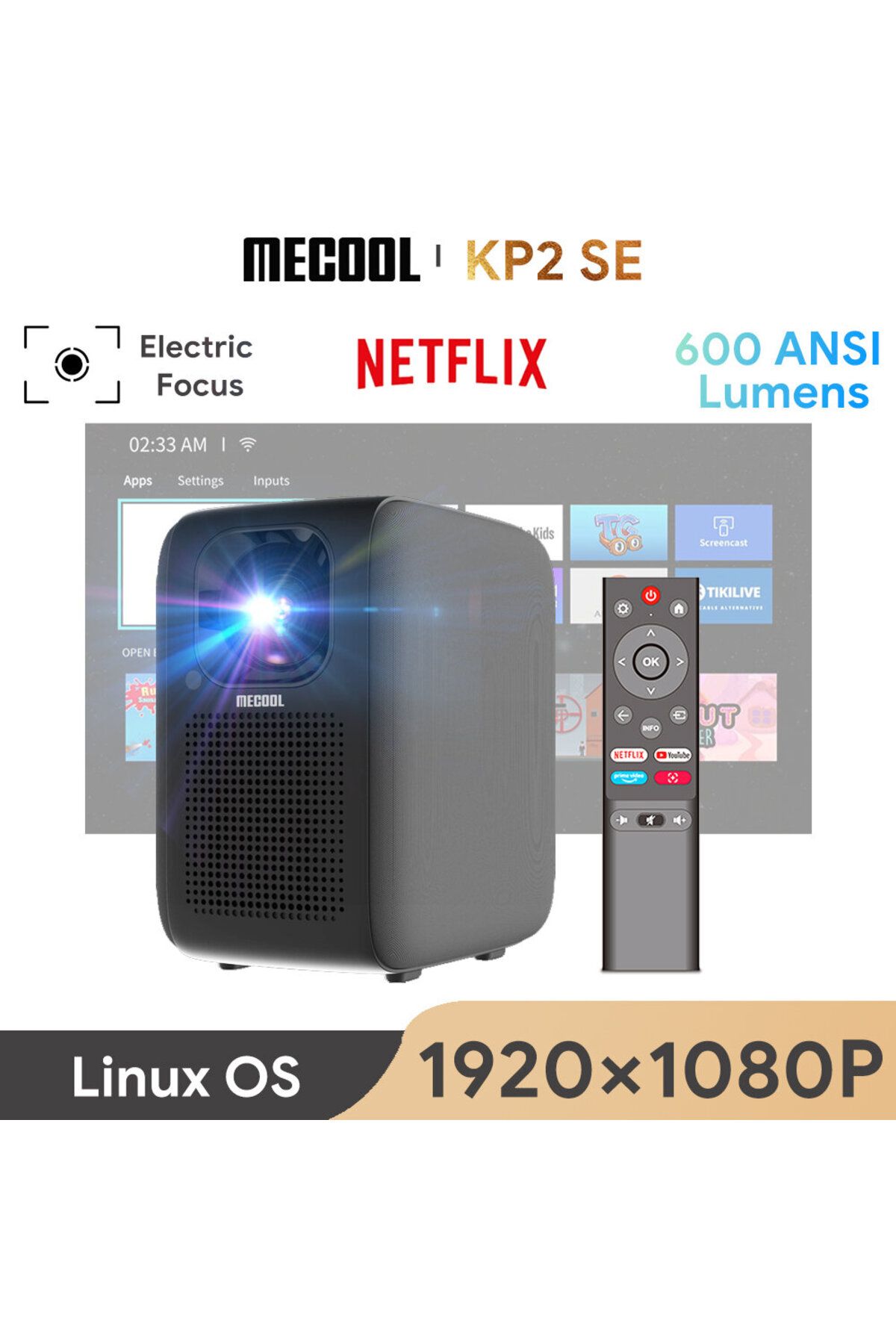 mecool KP2 SE 4K Destekli Projeksiyon Cihazı 600ANSI Lümen LCD 1080p Netflix Onaylı Linux WIFI 240inç Dolby