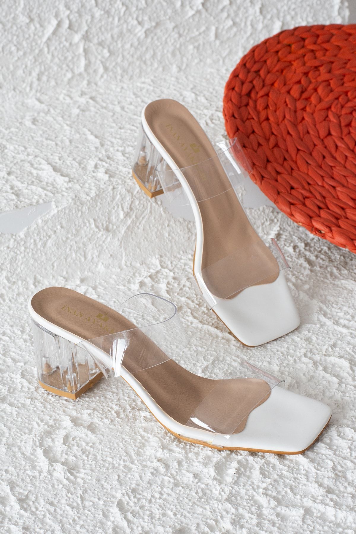 İnan Ayakkabı Kadın Beyaz Şeffaf Bant&şeffaf Topuklu Ayakkabı 6 Cm Topuk