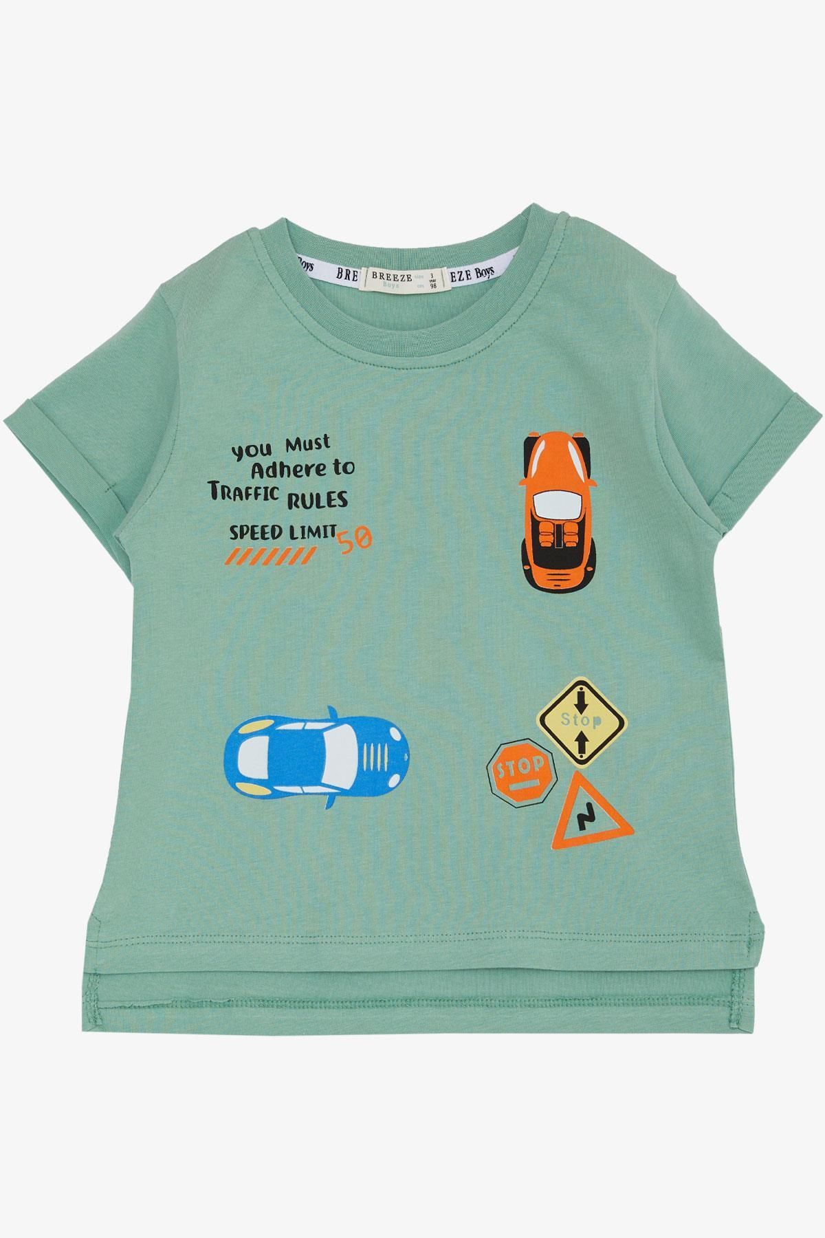 Breeze Erkek Çocuk Tişört Slogan Temalı Araba Baskılı 2-6 Yaş, Mint Yeşili