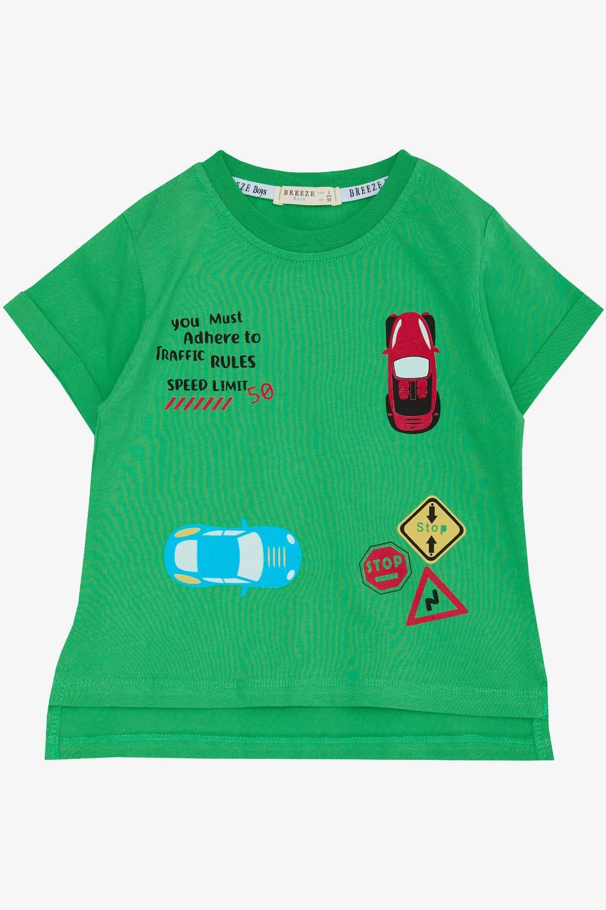 Breeze Erkek Çocuk Tişört Slogan Temalı Araba Baskılı 2-6 Yaş, Yeşil
