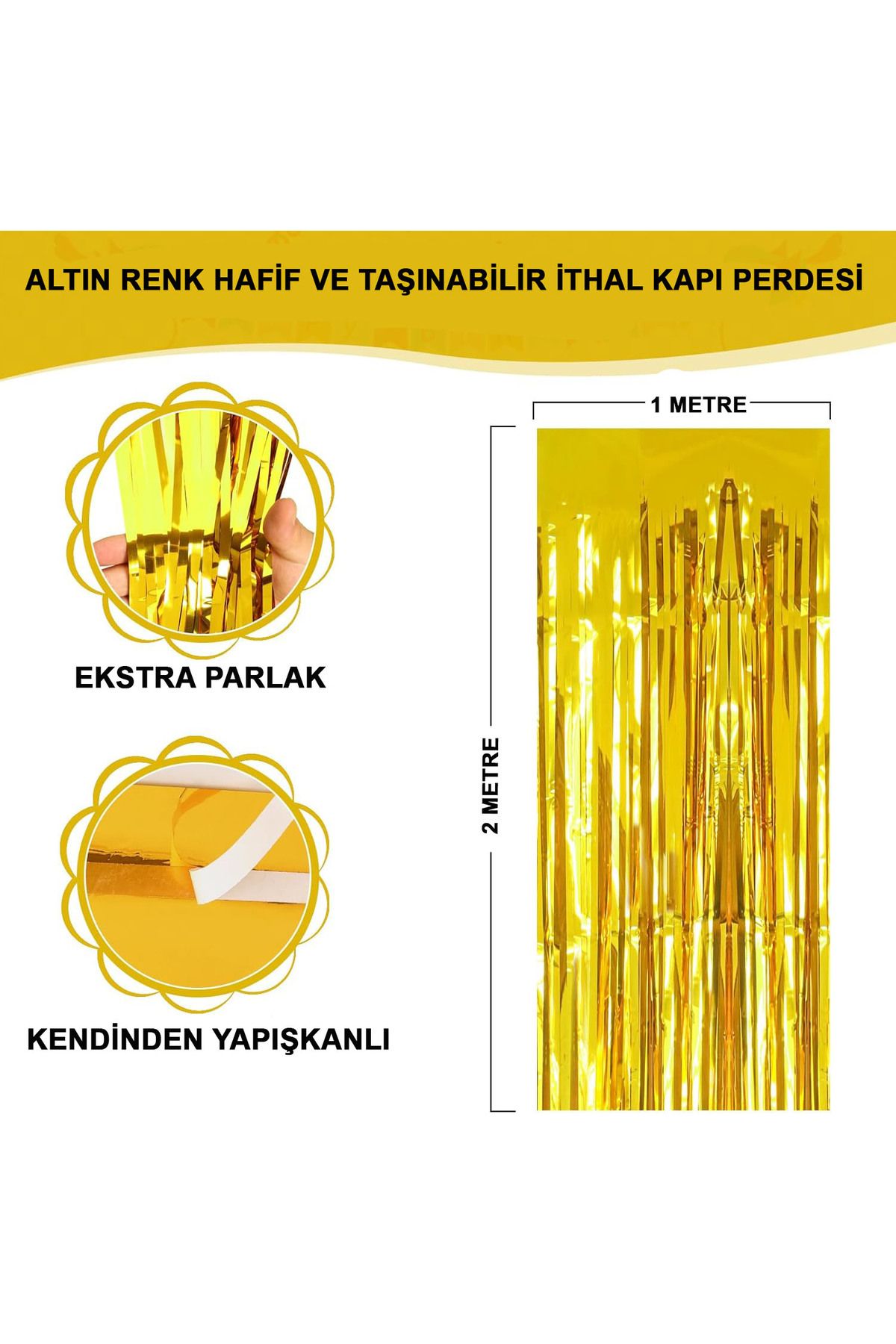Genel Markalar Altın Gold Renk Ekstra Metalize Parlak Saçaklı Arka Fon Perde Ithal A Kalite 1x2 Metre (CLZ)