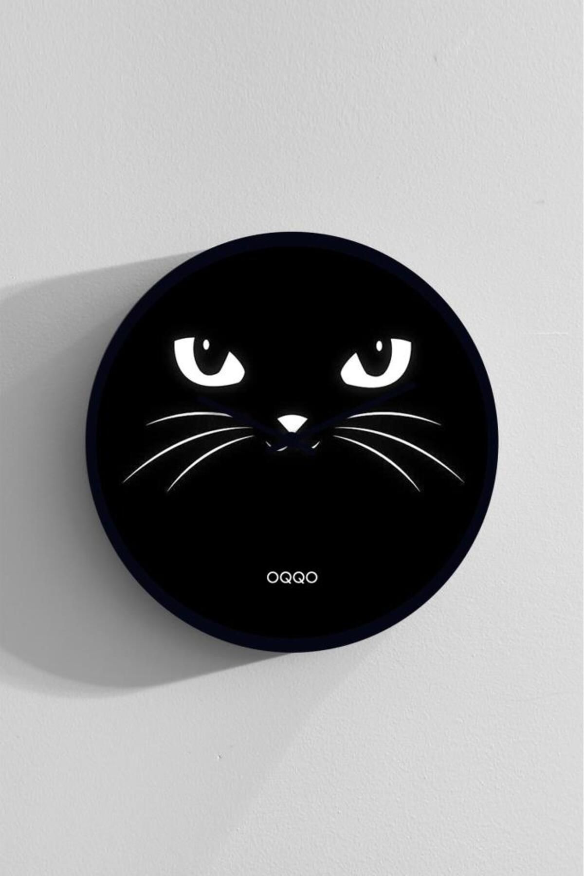 OQQO Cute Black Cat 50Cm El Yapımı Ahşap Duvar Saati