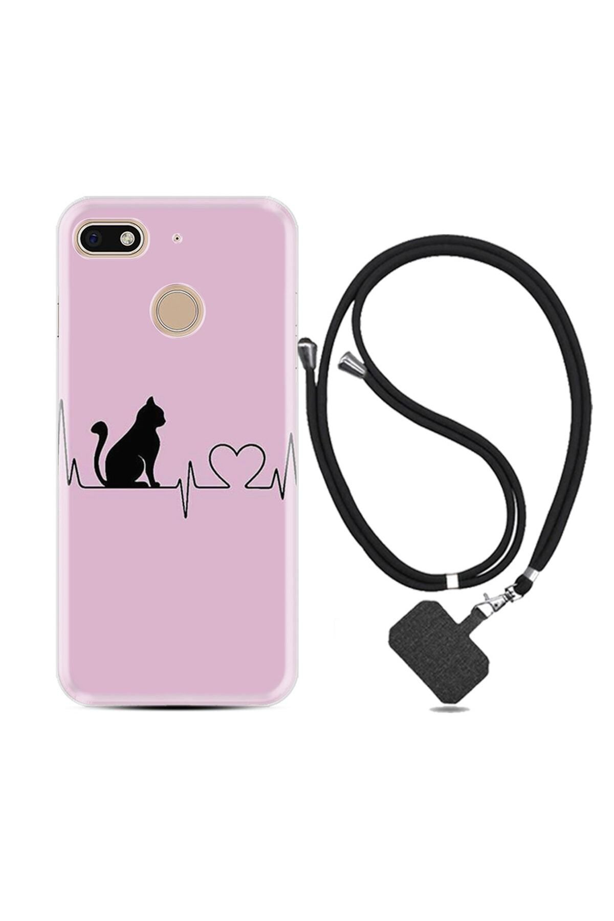 Kılıfland General Mobile Gm8 Go Kılıf Desenli Silikon Boyun Askılı Pink Cat Heart 1303
