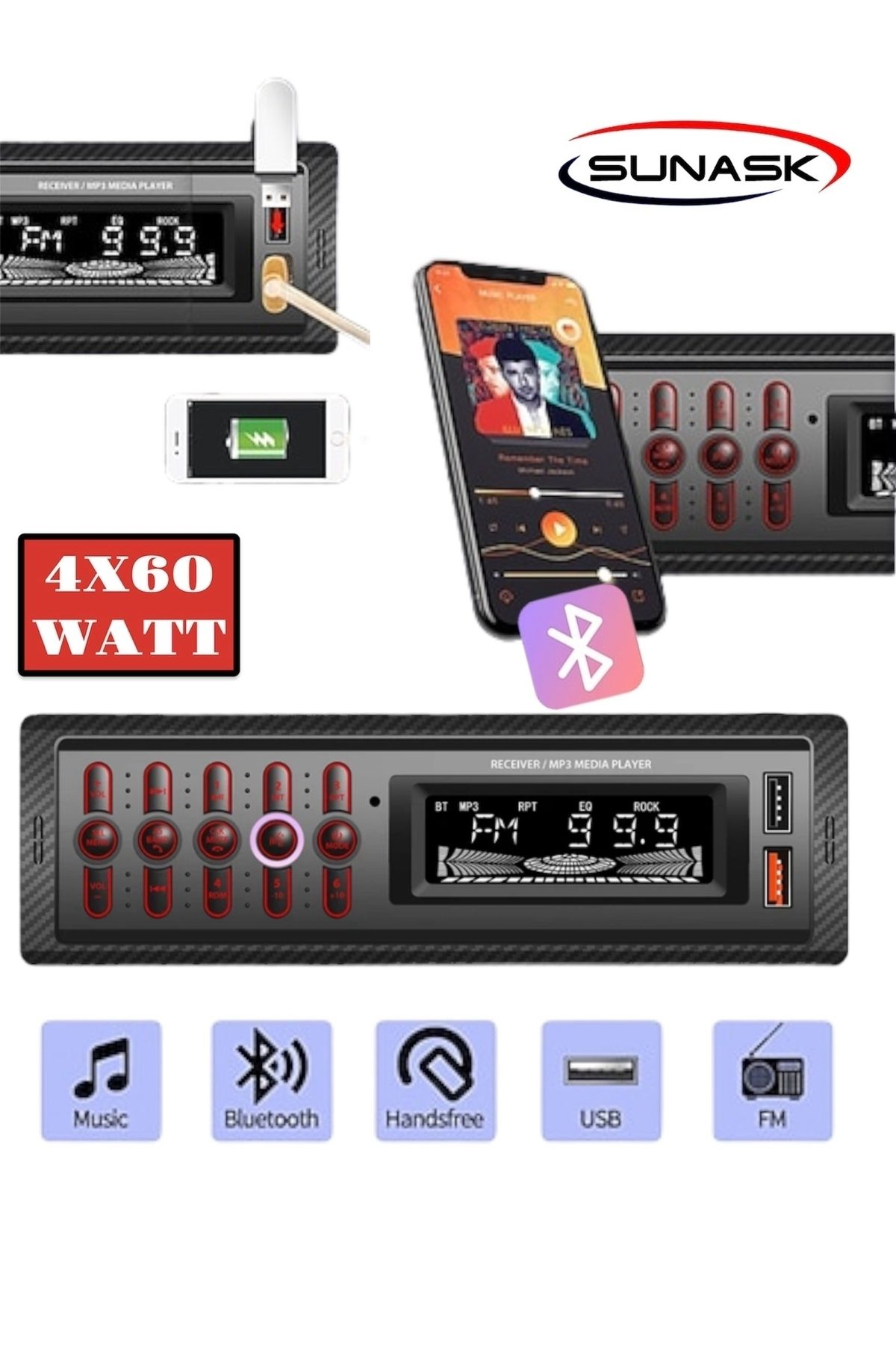 Sunask Primat Hızlı Şarj Çift Usb Bluetooth’lu Araba Teybi Aux Radyo Çift Amfi Çıkışlı 4x60 Watt 63 Max Ses