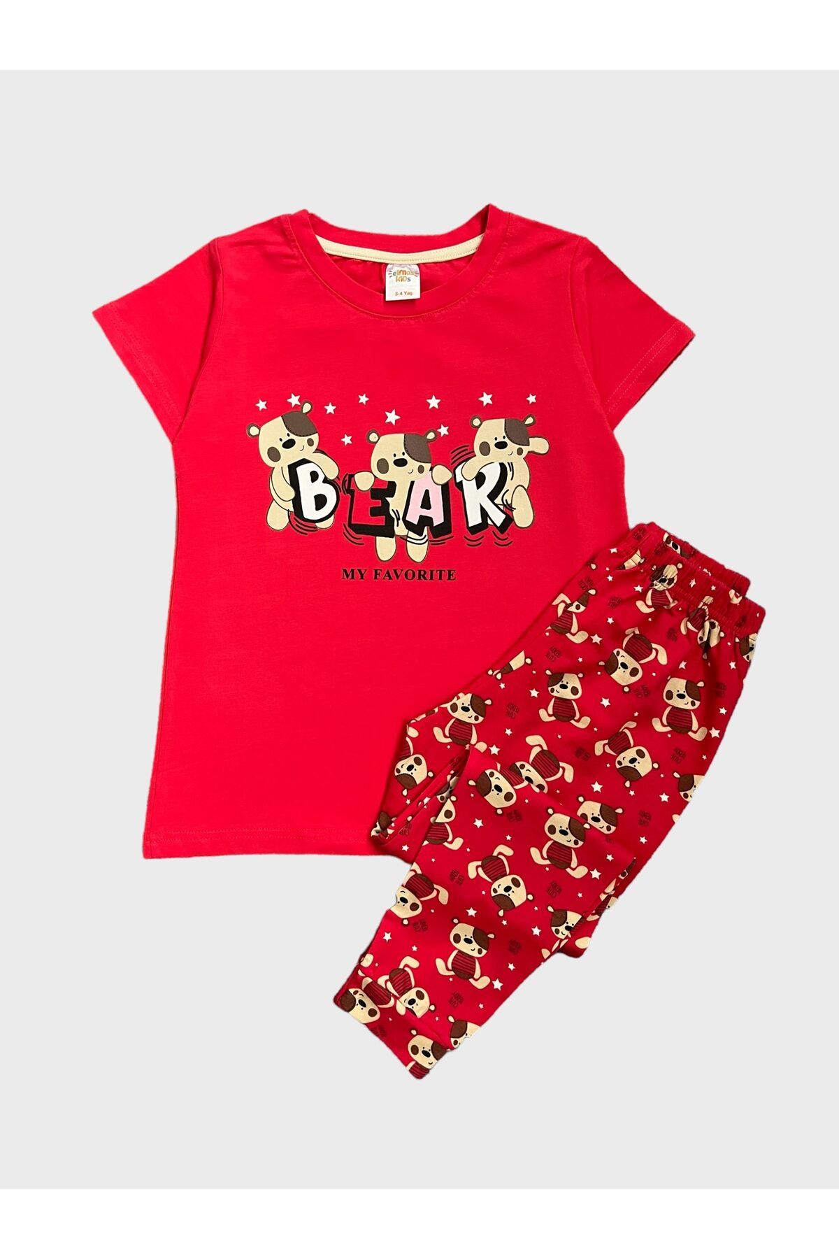 elmas kids Kız Çocuk %100 Pamuklu Bear Ayıcık Desenli Kırmızı Kısa Kollu Yazlık Pijama Takımı