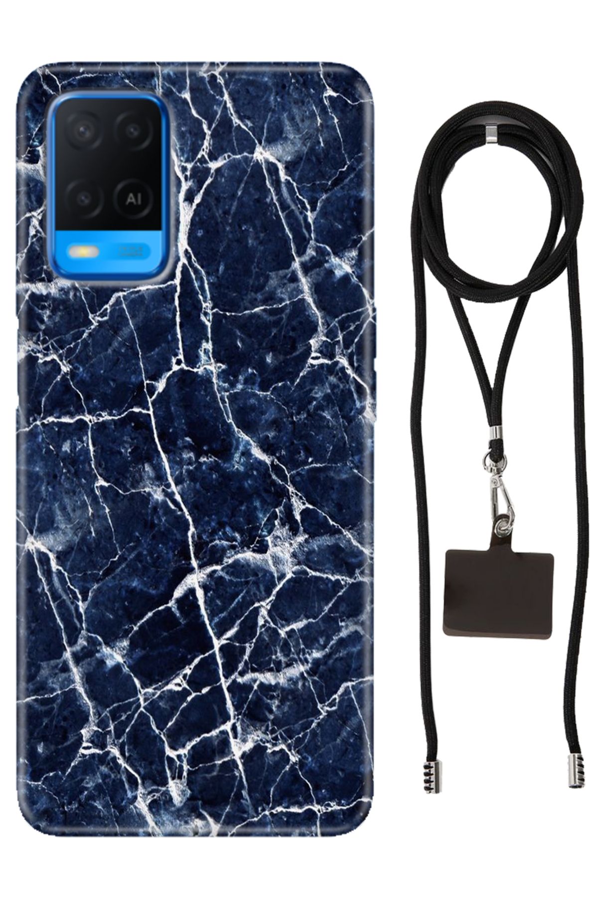 Oppo A54 4G Kılıf Dark Blue Desenli Silikon İpli Boyun Askı Aparatı