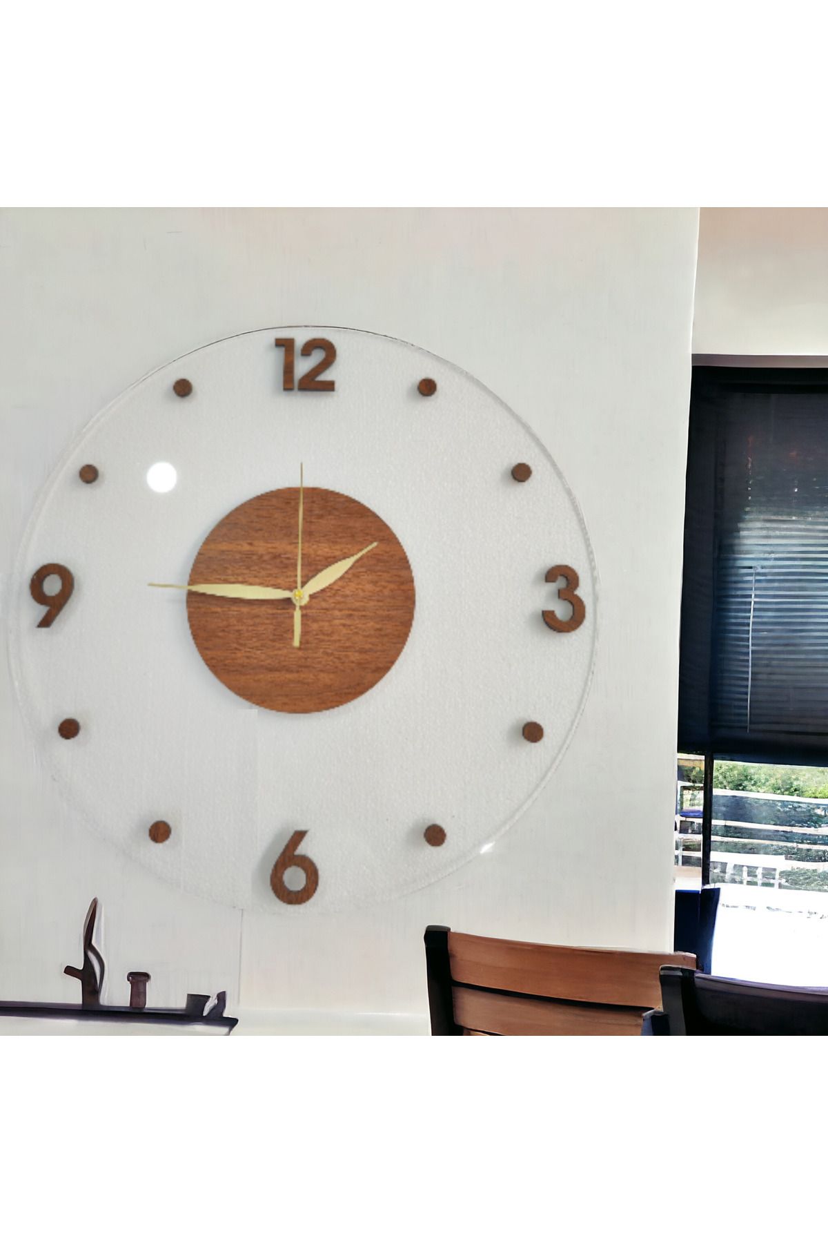 AA Shop Şeffaf Ceviz Detaylı Sade Modern Sayılı Salon Ofis Hediyelik Büyük Boy Sessiz Duvar Saati 50cm