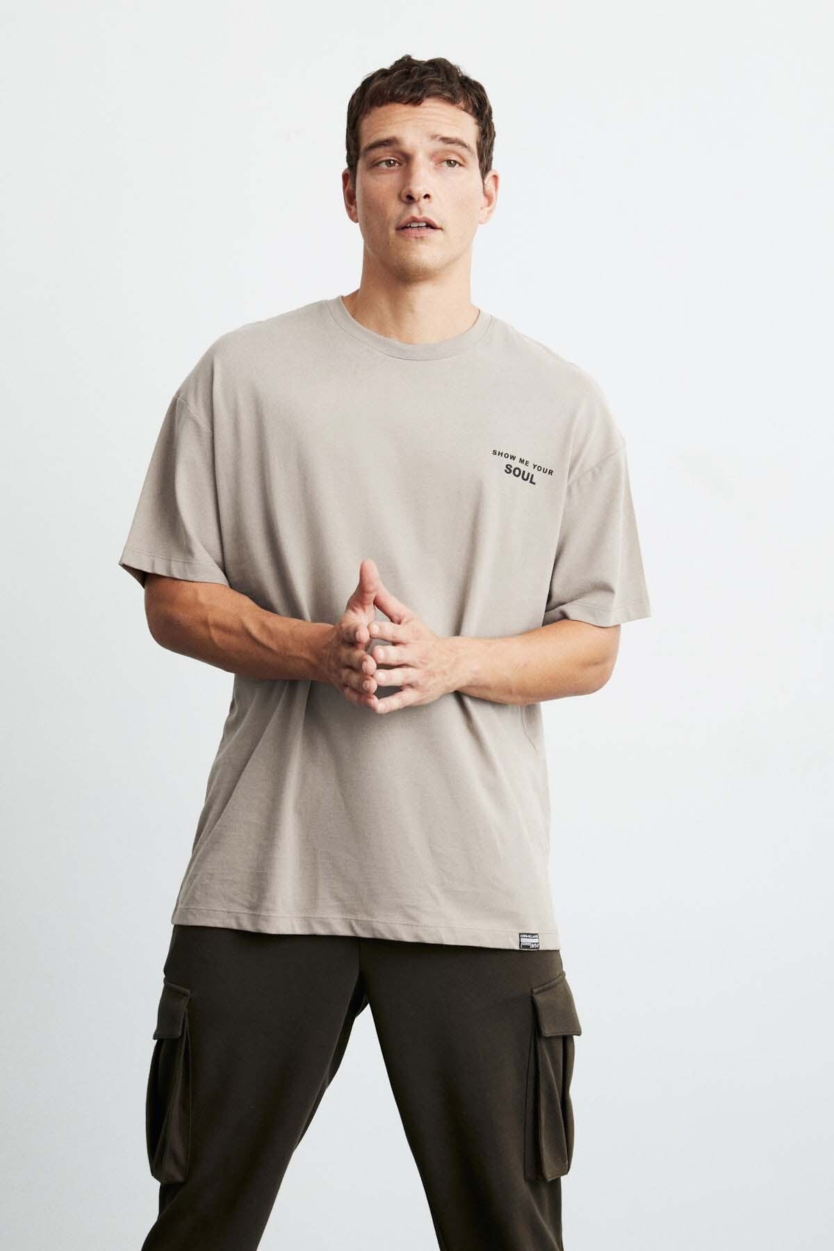 GRIMELANGE Mark Erkek Oversize Fit %100 Pamuk Kalın Dokulu Baskılı Bej T-shirt
