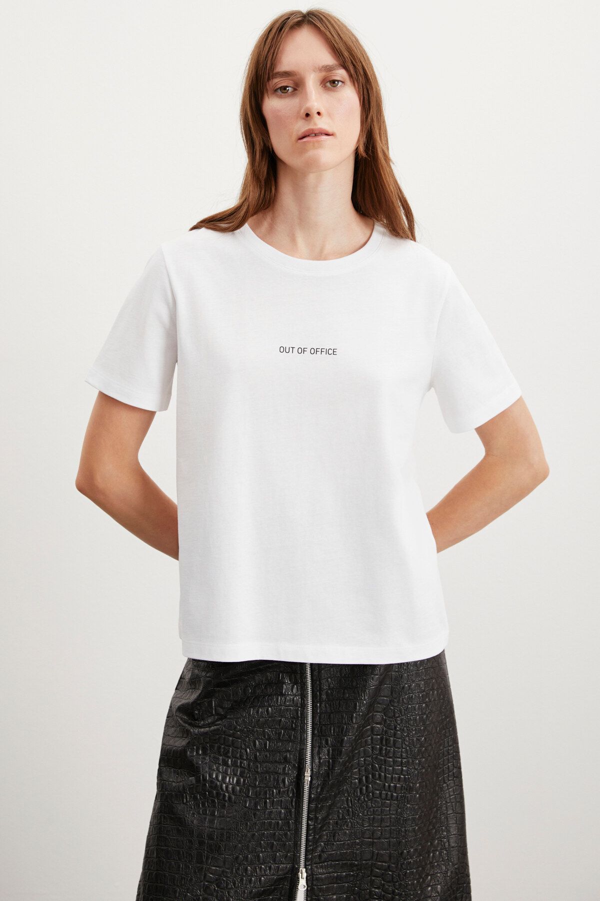 GRIMELANGE Glenda Kadın Bisiklet Yaka %100 Pamuk Nakış Işlemeli Beyaz T-shirt
