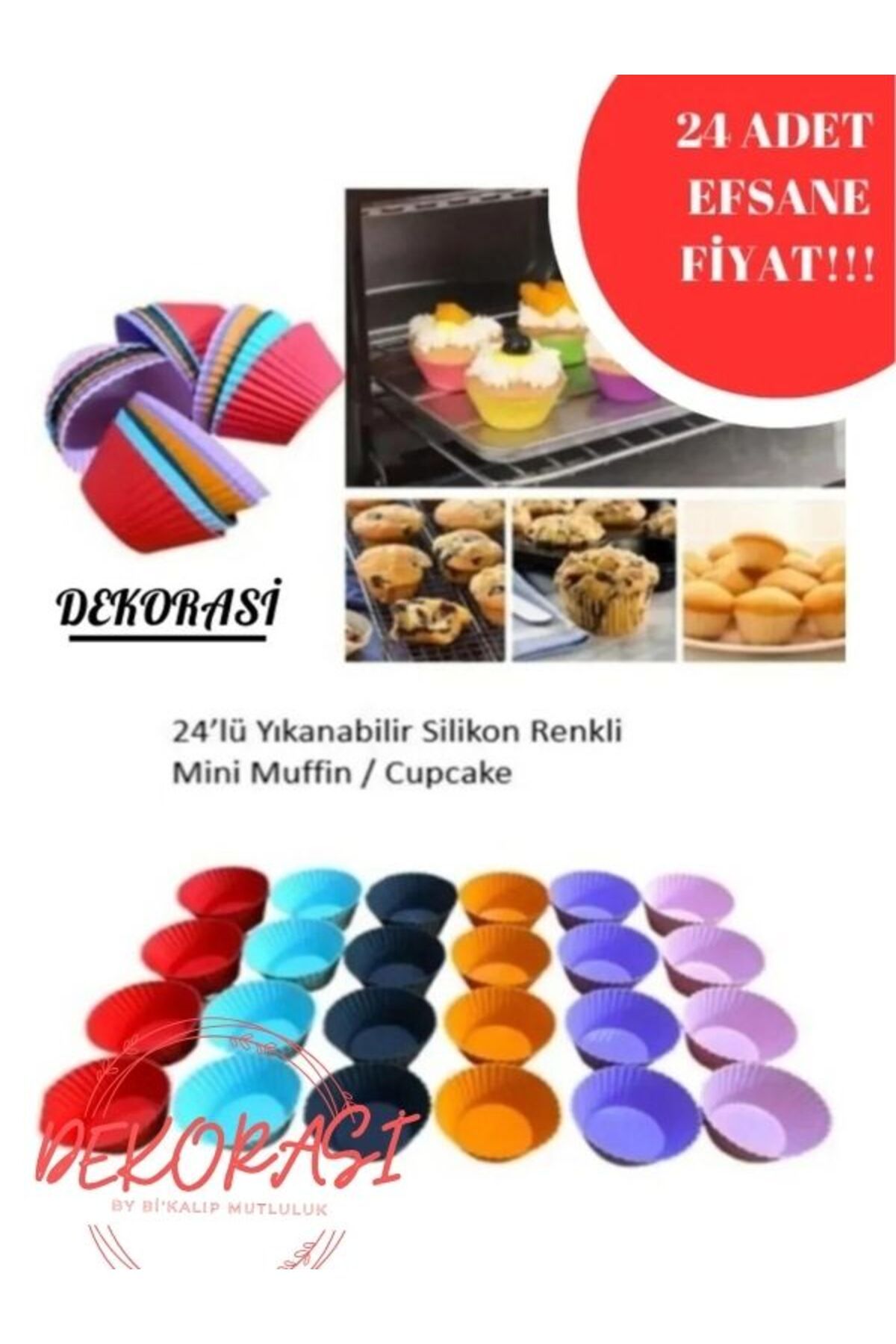 Dekorasi 24’lü Yıkanabilir Mini Tırtıklı Muffin Pişirme Kalıbı, Cupcake, Hamur Işi Renkli Kap