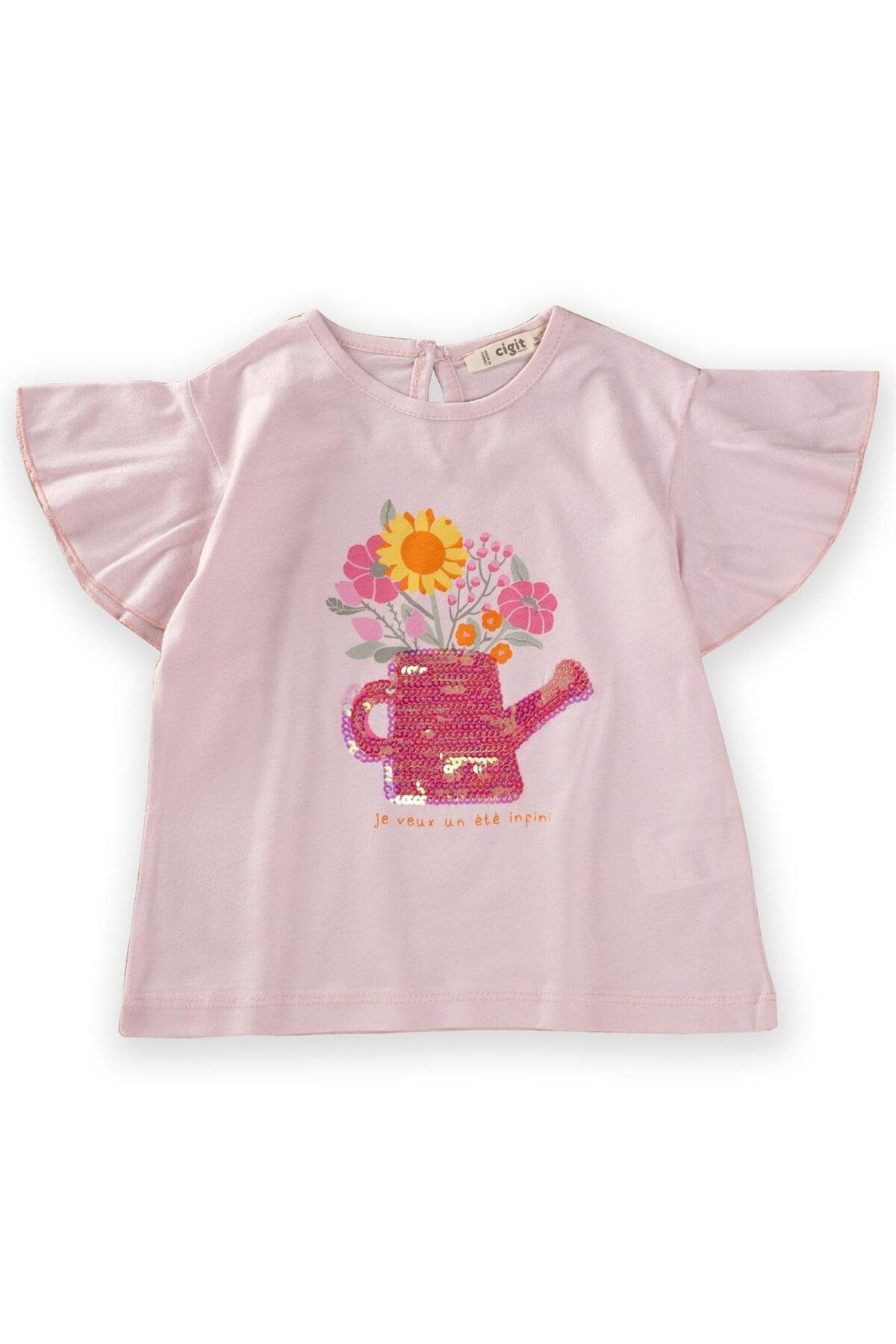 Cigit Pullu Çiçek Baskılı T-Shirt 2-10 Yaş Pudra Pembe