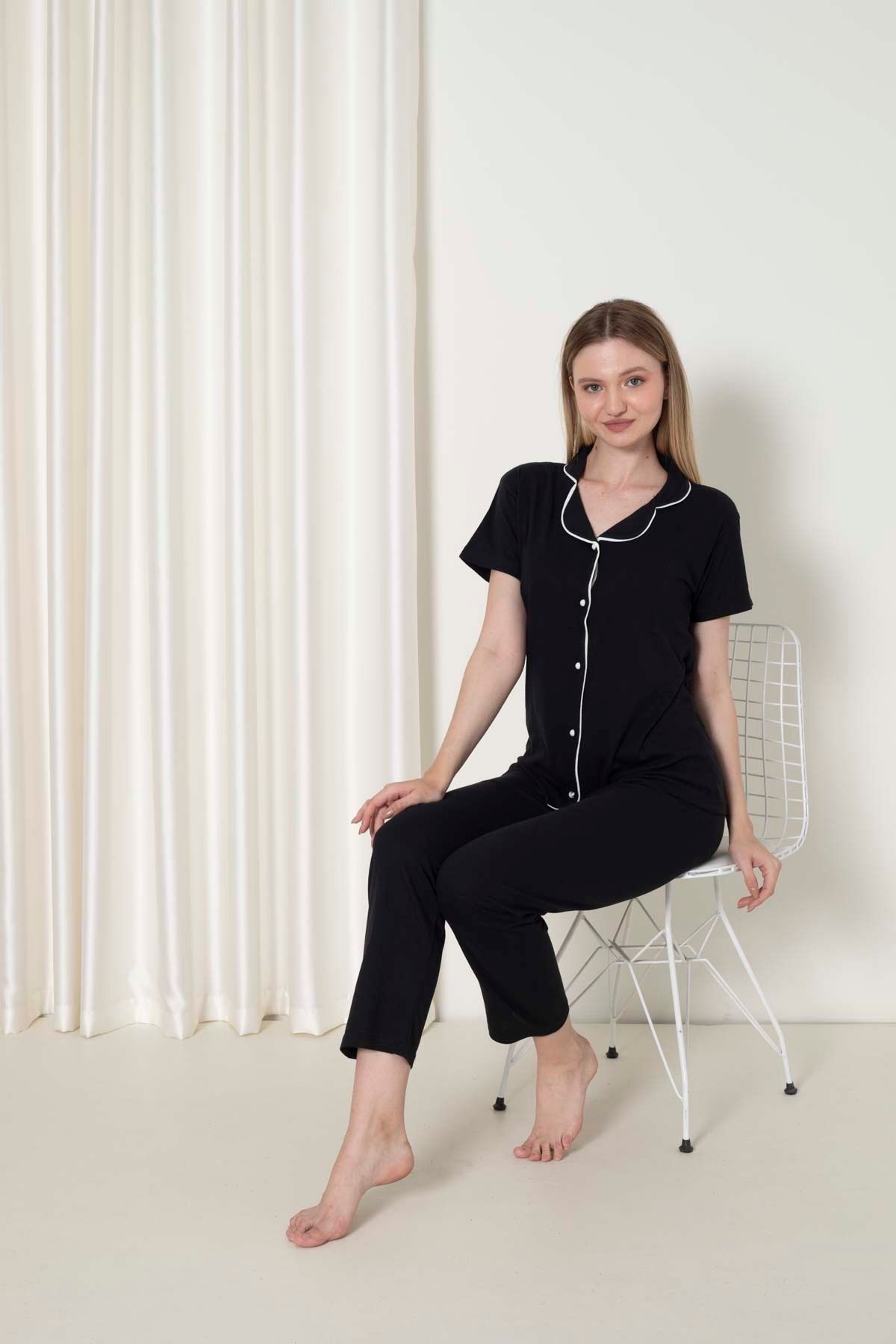 MİRELLA Kadın Siyah Önden Düğmeli Kısa Kollu Altı Uzun Penye Kumaş Yazlık Pijama Takımı