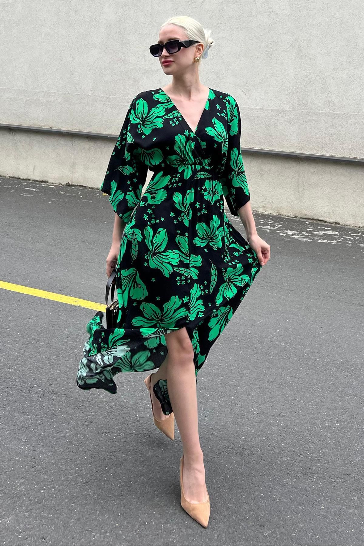 Madmext Yeşil Uzun V Yaka Desenli Kadın Elbise MG2076