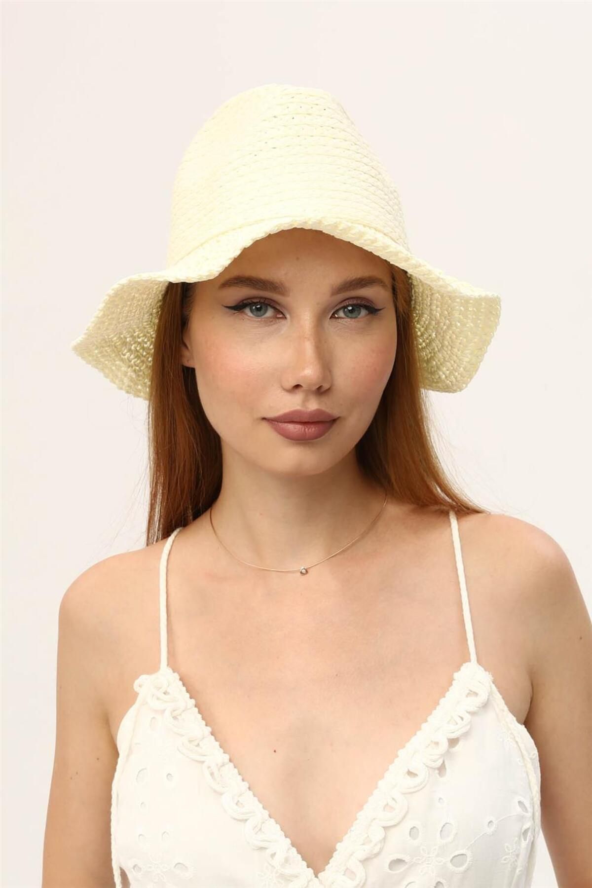 Home Store Şapka Paper 2 Örmeli 3 Taşlı İpli Fötr - Beyaz
