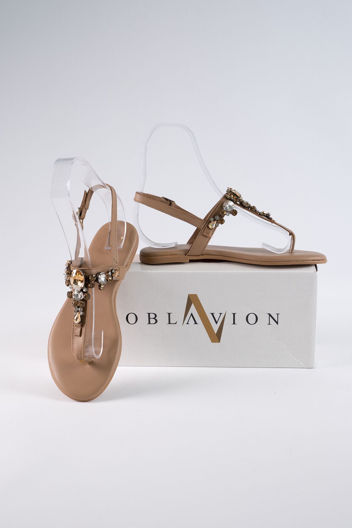 Oblavion Lavion Hakiki Deri Nude Sarı Taşlı Sandalet