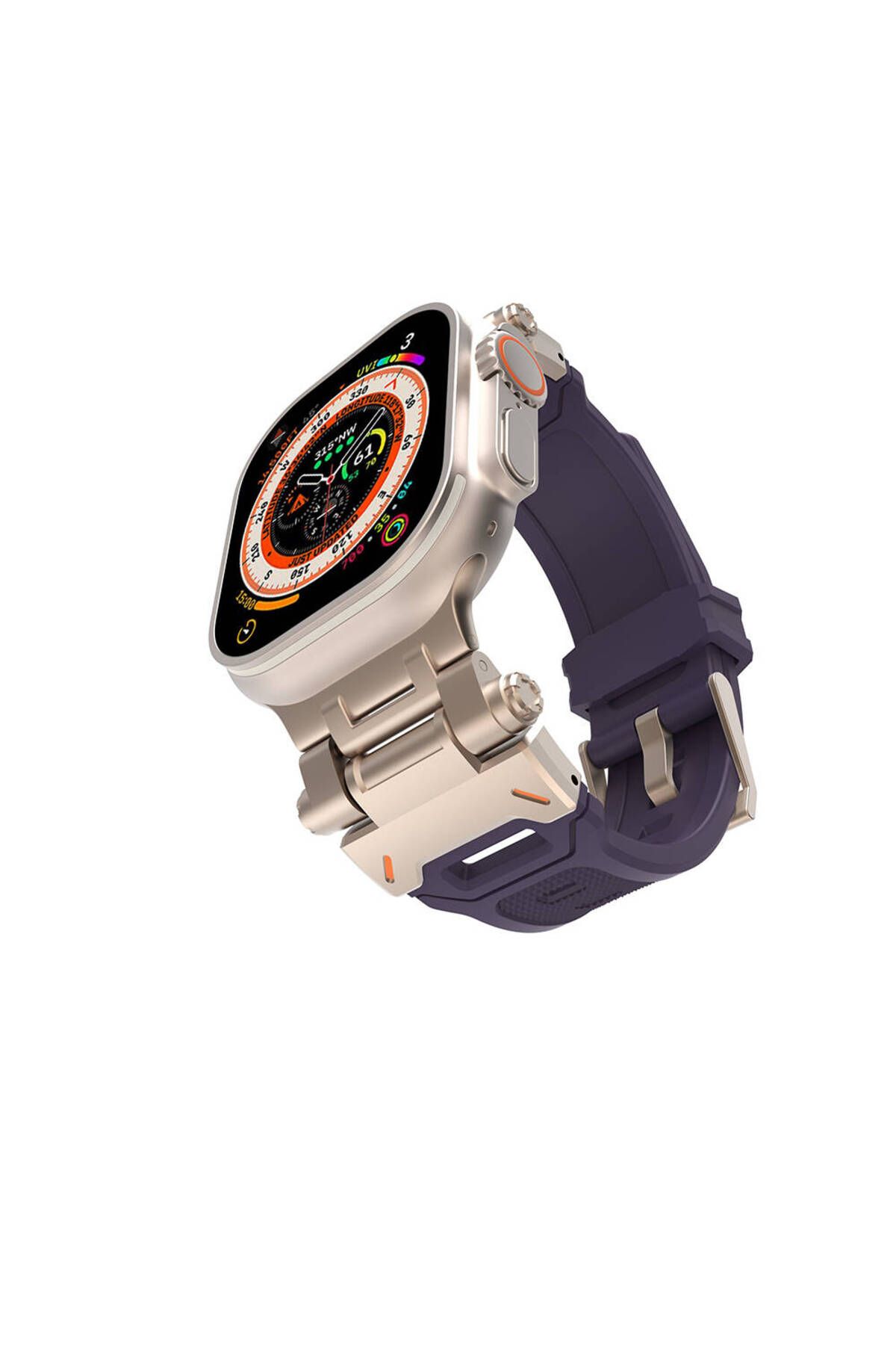 Gpack Apple Watch Series 8 45mm Kordon Metal Bağlantılı Tokalı Silikon Kayış KRD108 Mor