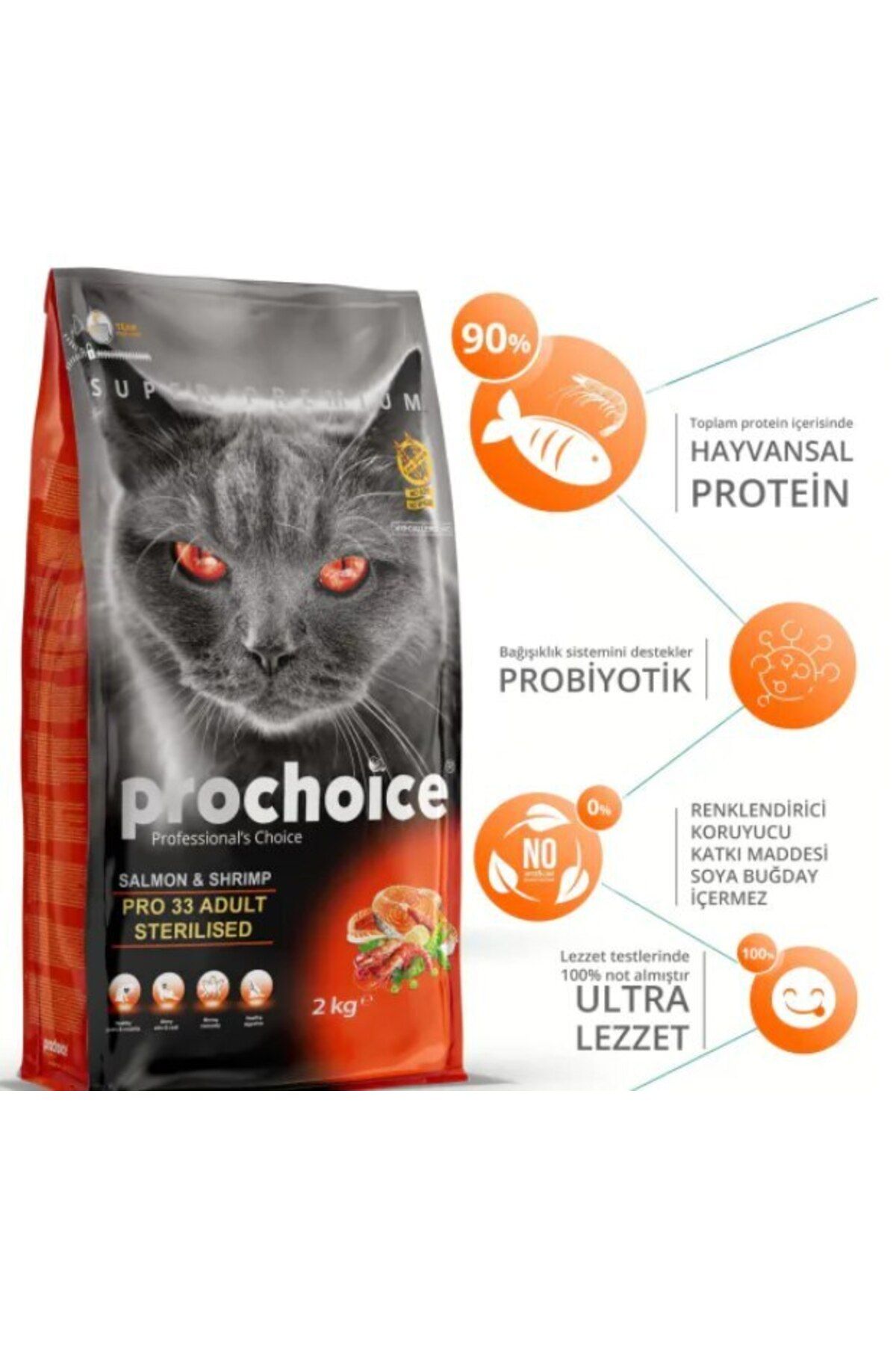Pro Choice Pro 33 Somonlu Ve Karidesli Kısırlaştırılmış Yetişkin Kedi Kuru Maması 2 Kg