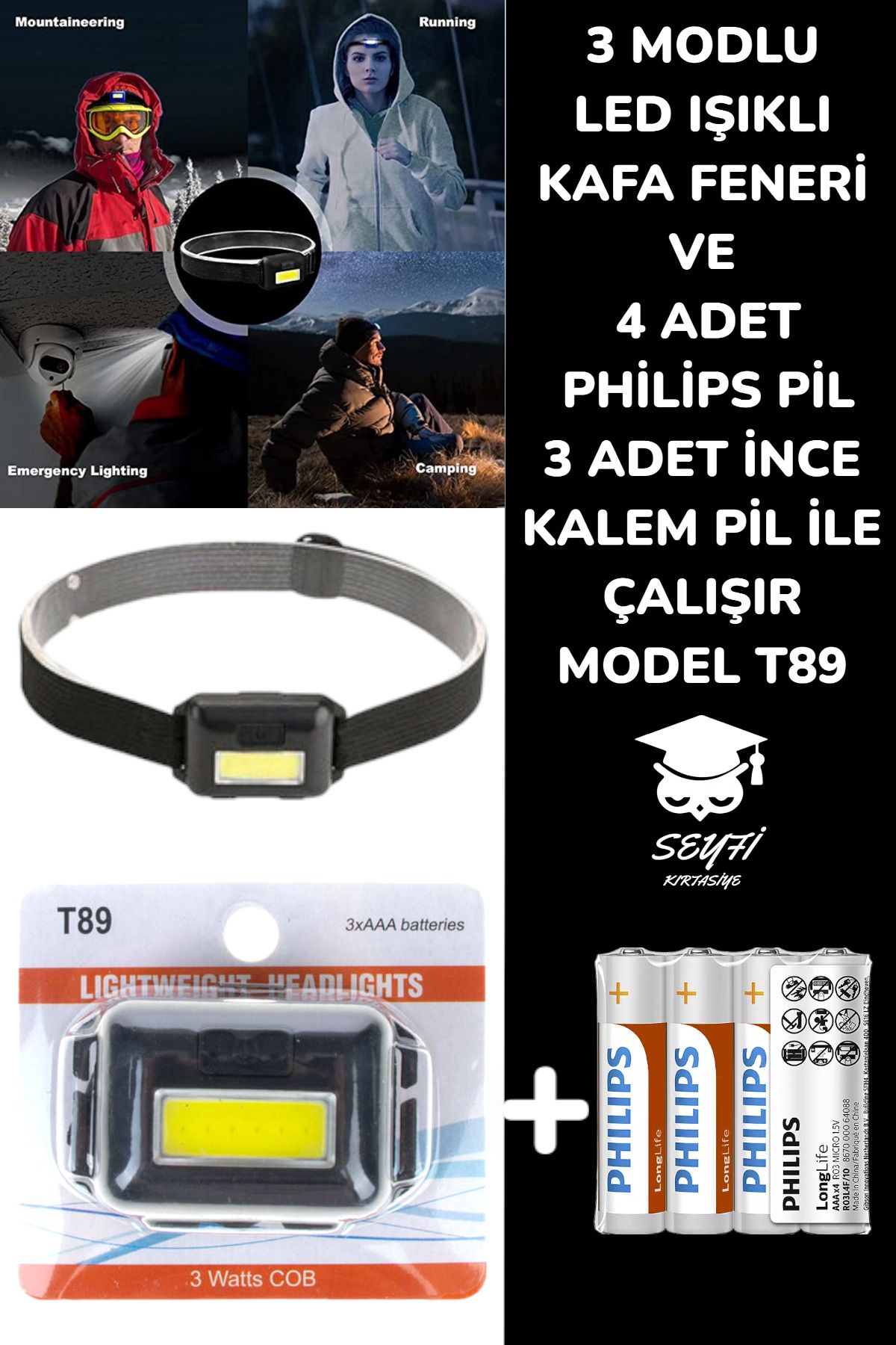 Philips 3 MODLU LED IŞIKLI KAFA FENERİ VE 4 ADET PHİLİPS PİL 3 ADET İNCE KALEM PİL İLE ÇALIŞIR MODEL T89