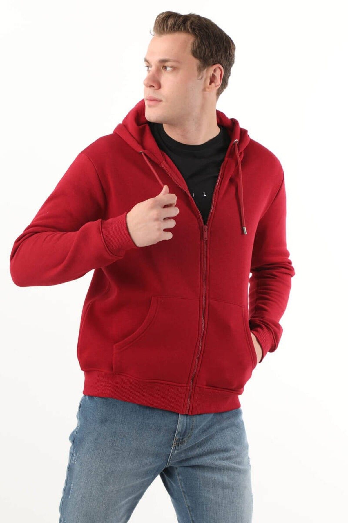 Keep Out Erkek Cepli Fermuarlı Kapüşonlu Şardonlu Sweatshirt Kırmızı