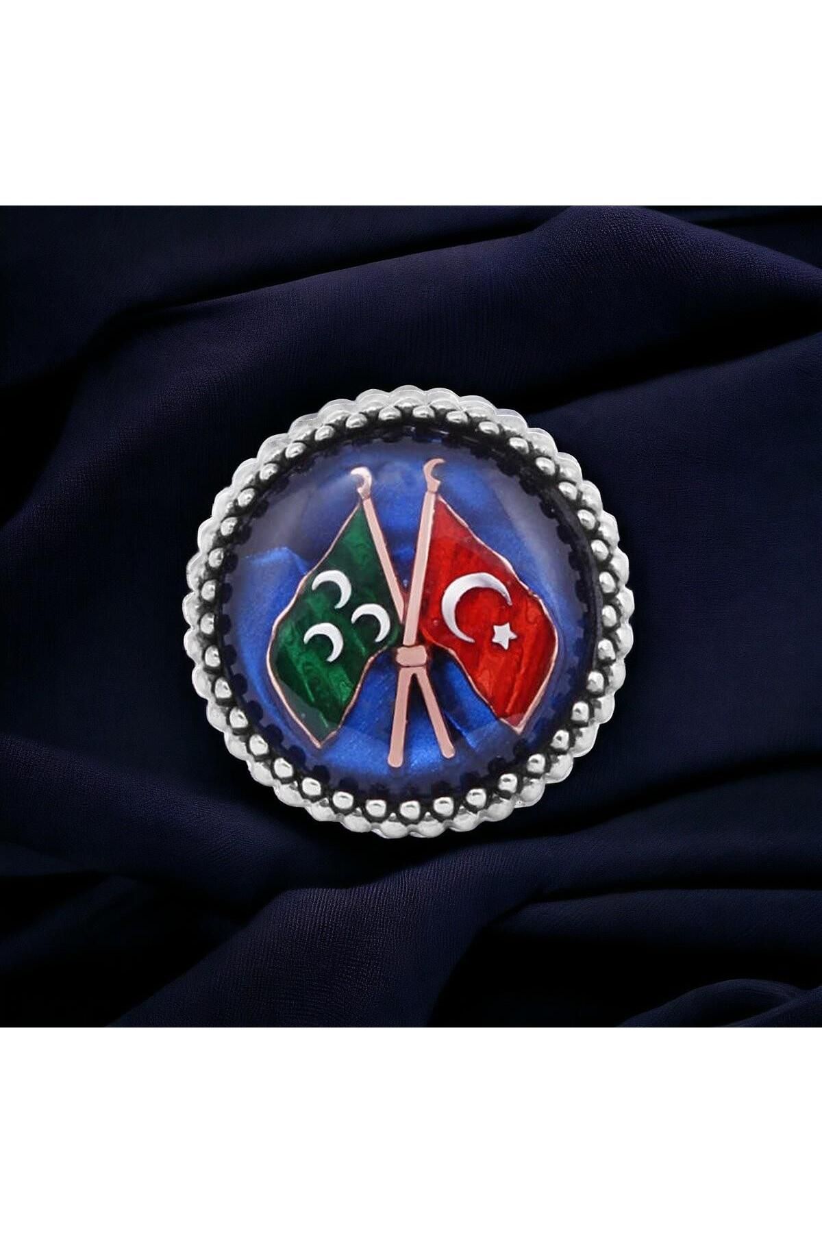 SilverPlus Mavi Mineli Osmanlı Ve Türk Bayraklı Gümüş Rozet