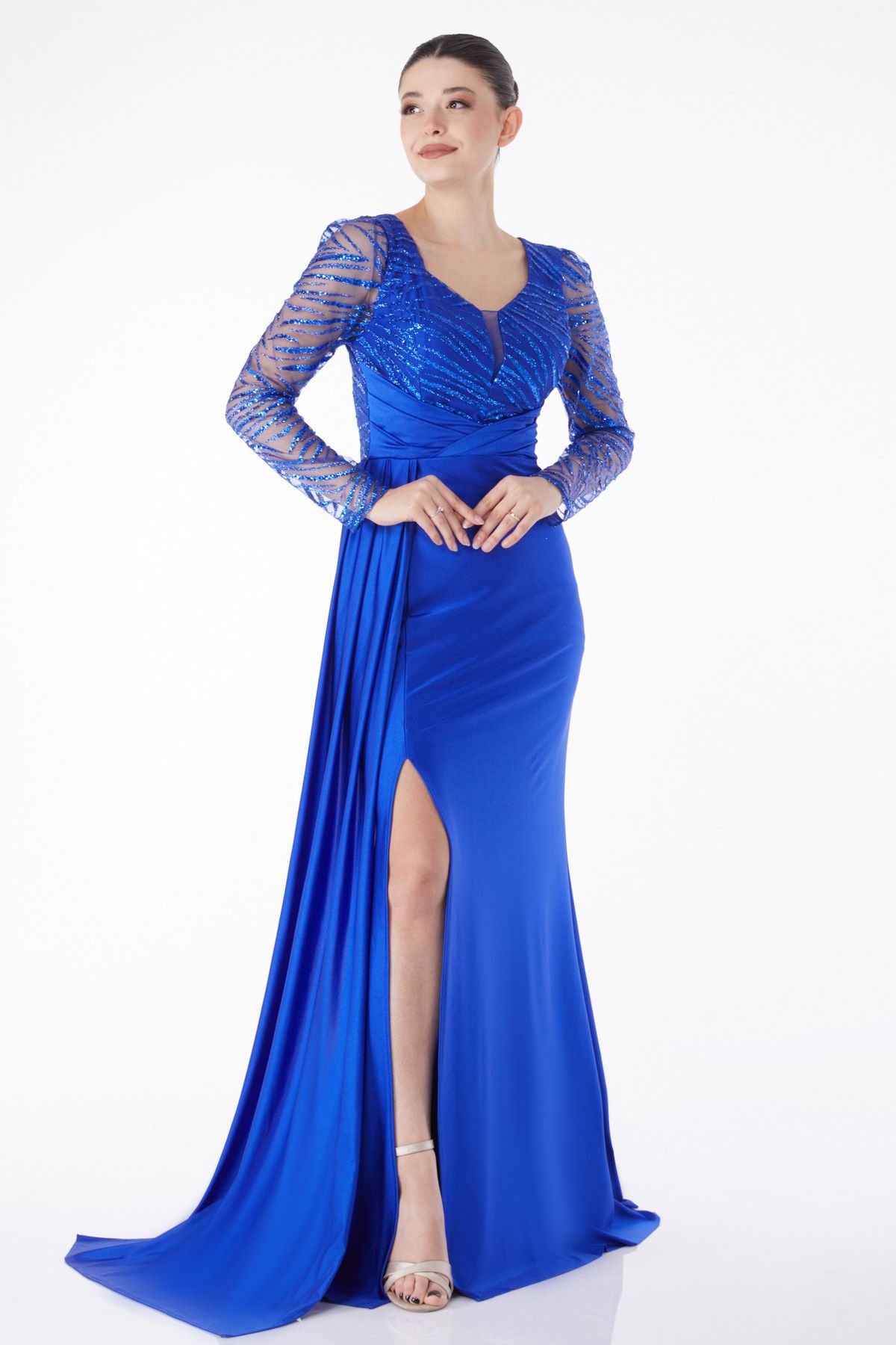 TOFİSA Düz Orta Kadın Mavi Glitter Detaylı Abiye Elbise - 25224