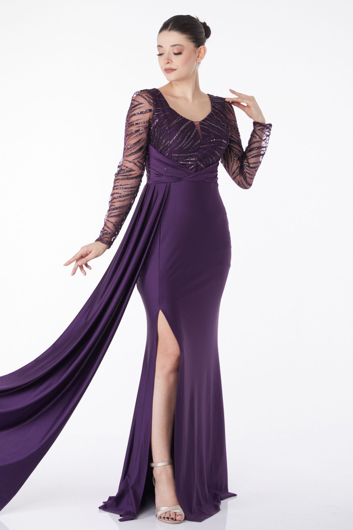 TOFİSA Düz Orta Kadın Mor Glitter Detaylı Abiye Elbise - 25224
