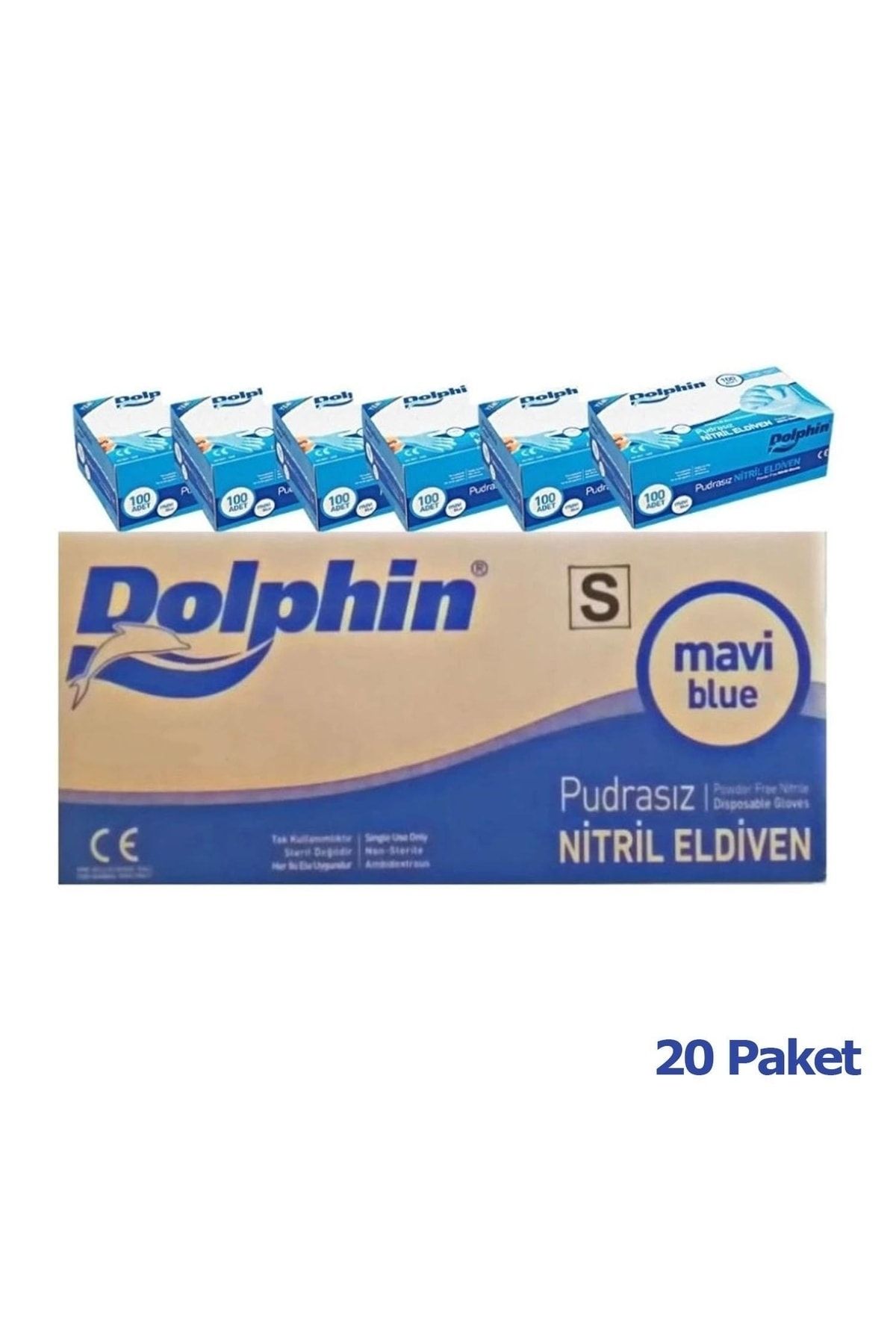 Dolphin Tek Kullanımlık Lateks Mavi Pudrasız Nitril Muayne Eldiveni Small Küçük Boy -100'lü 20 Paket