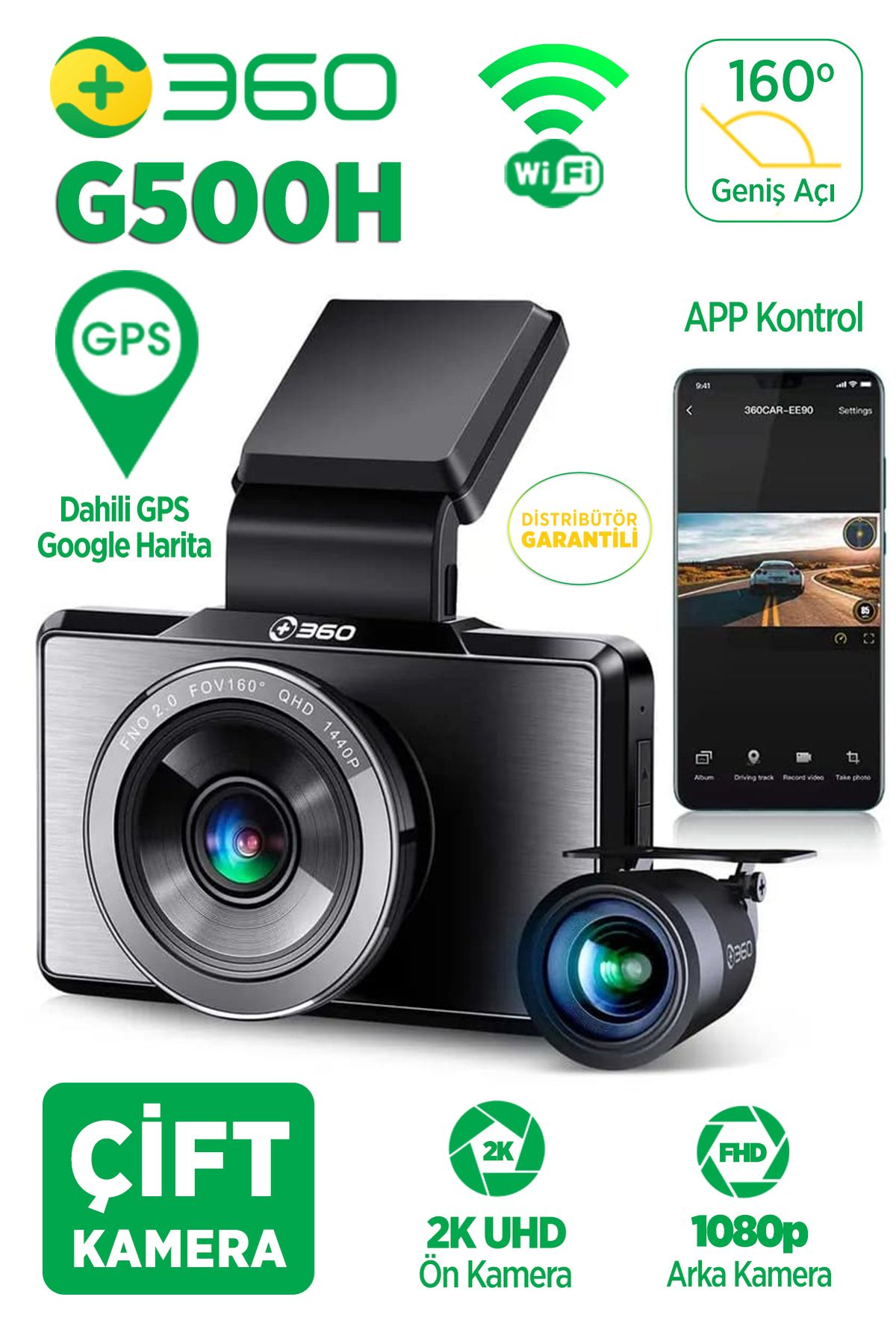 +360 G500h Ön 2k-arka 1080p 160° Geniş Açı Gps Akıllı Araç İçi Kamera