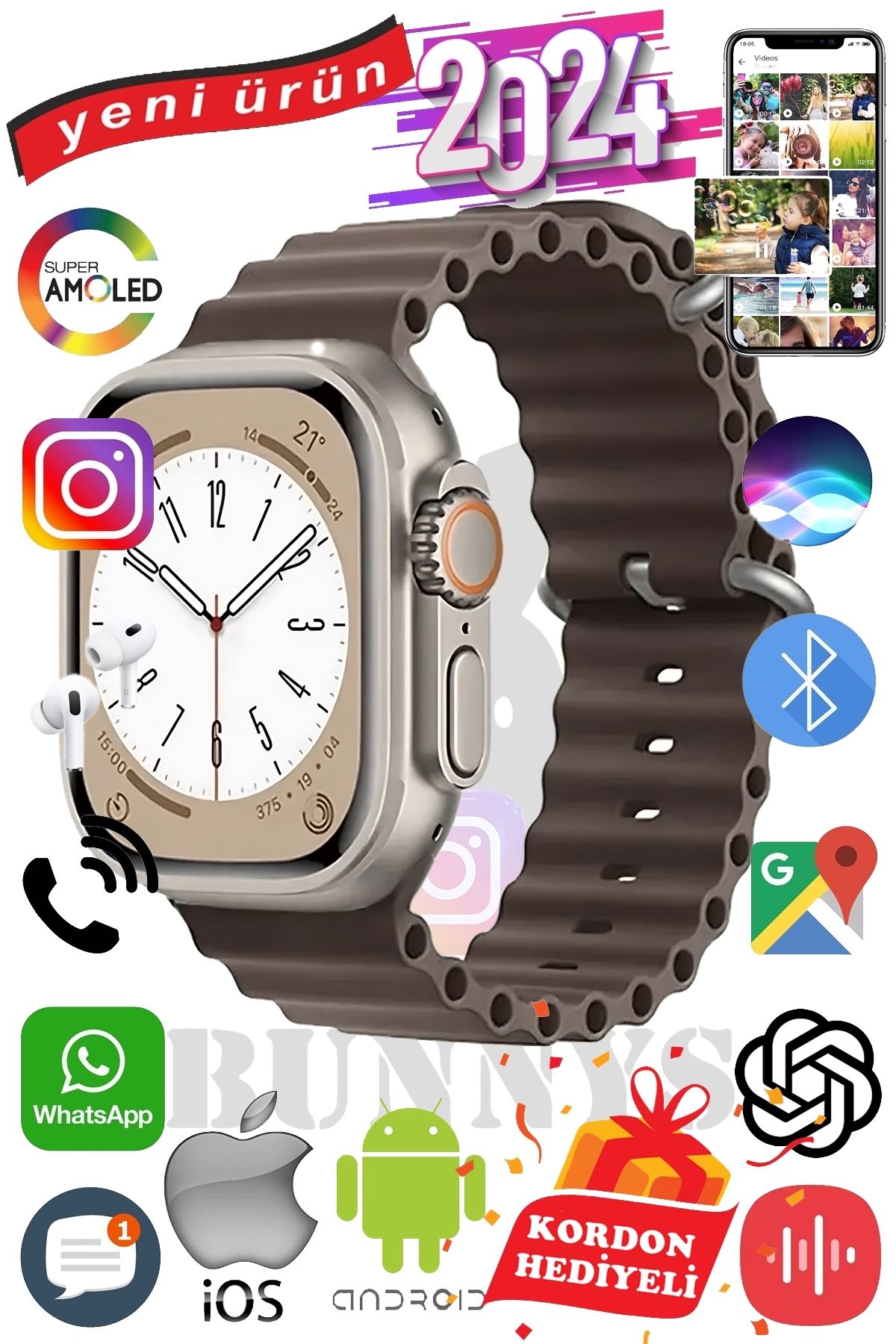 Bunnys Apple iPhone X Uyumlu Akıllı Saat ULTRA MAX 2024 Kordon Hediyeli Amoled Ekran
