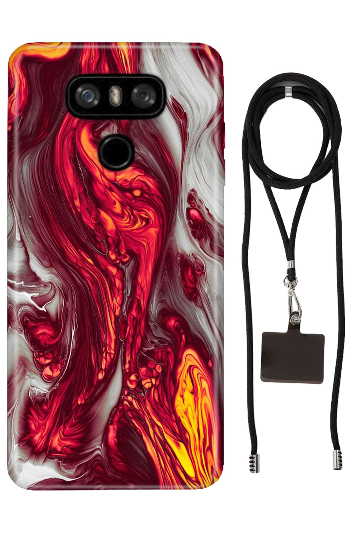LG G6 Uyumlu Kılıf Red Marbles Desenli Silikon İpli Boyun Askı Aparatı
