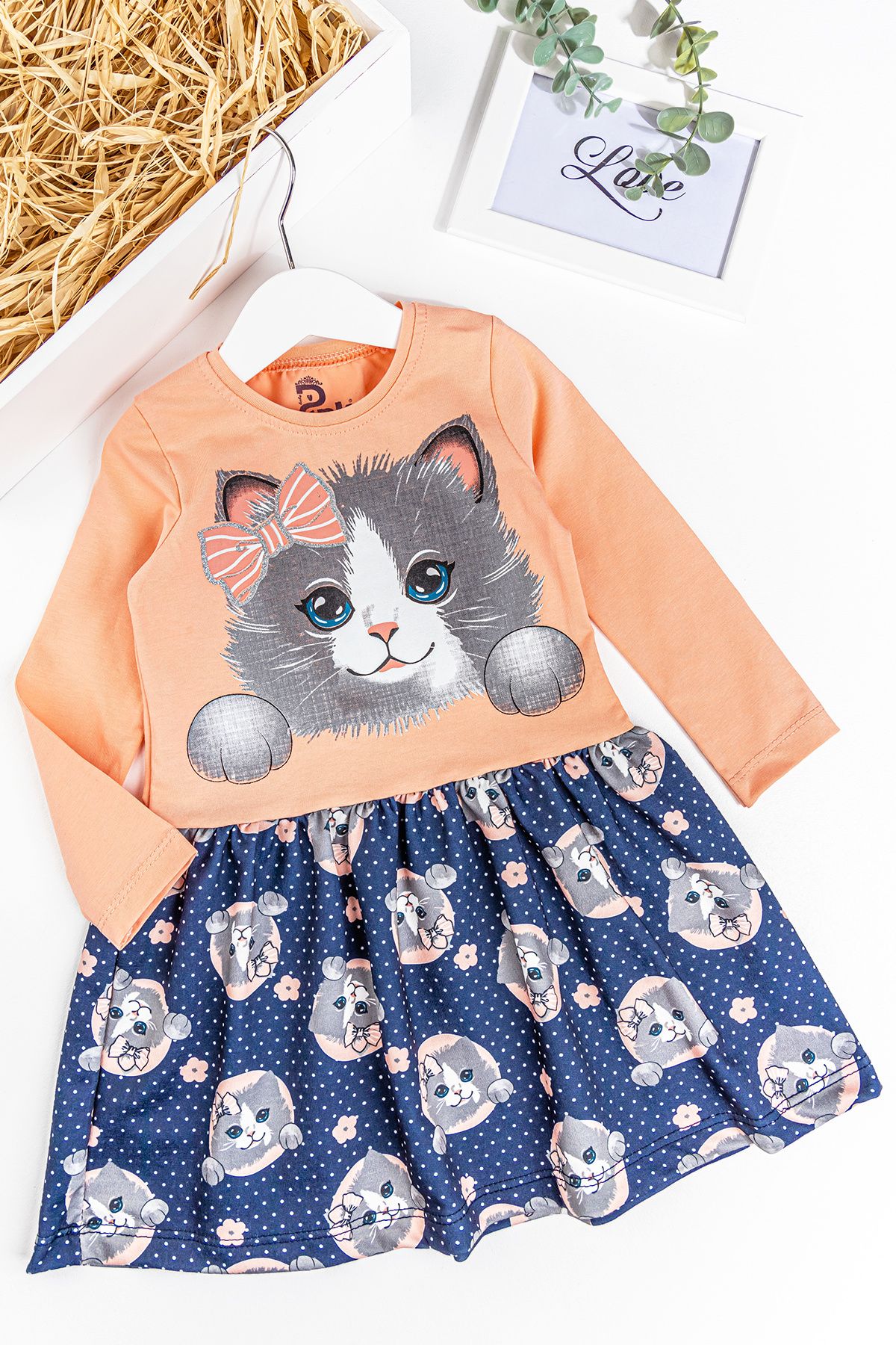 Babymod Kedi Baskılı Puantiyeli Kız Çocuk Elbise