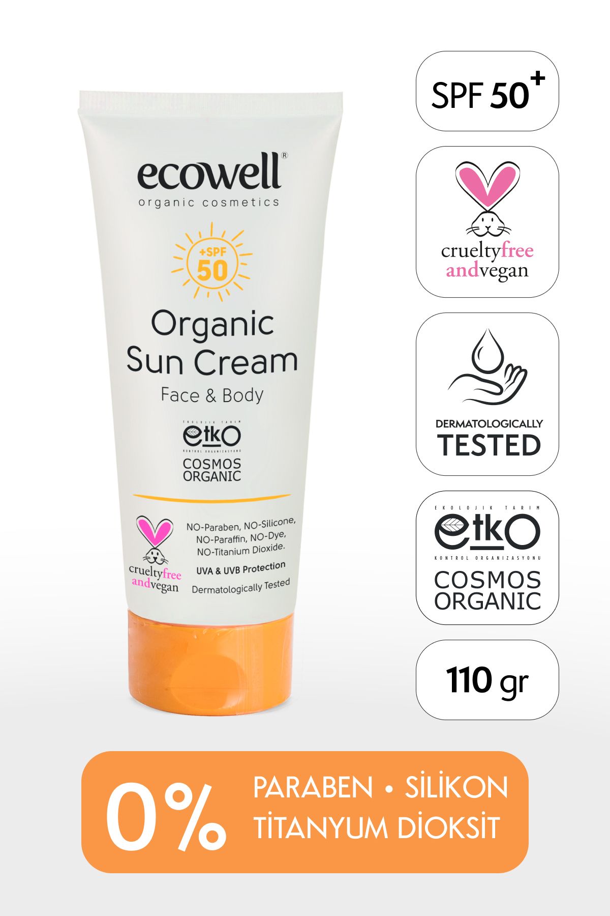 Ecowell Güneş Kremi Spf 50, Organik & Vegan Sertifikalı, Mineral Filtre, Yüz Ve Vücut, Uva Uvb Koruma, 110gr
