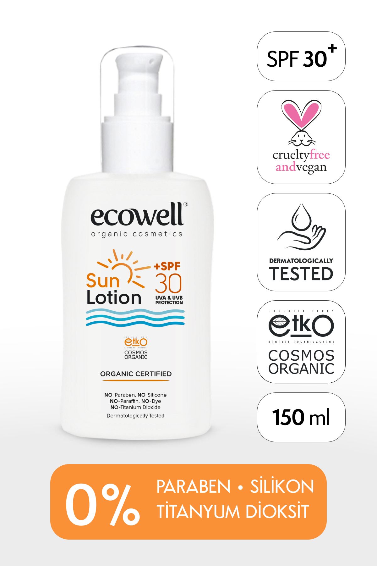 Ecowell Güneş Losyonu, 30 Spf Organik & Vegan Sertifikalı, Mineral Filtre Yüz Ve Vücut, Uva Uvb Koruma 150ml