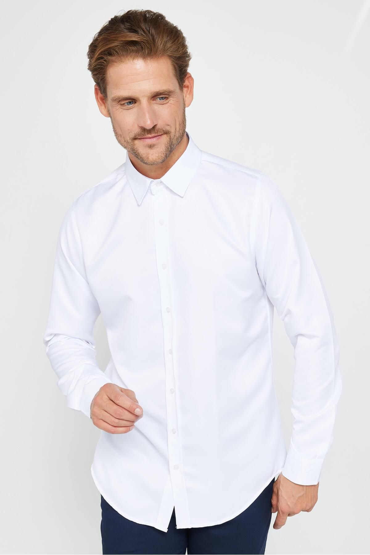 Tudors Slim Fit Uzun Kollu Kolay Ütü Teri Emen Nefes Alan Doku Kravatlık Dört Mevsim Beyaz Erkek Gömlek