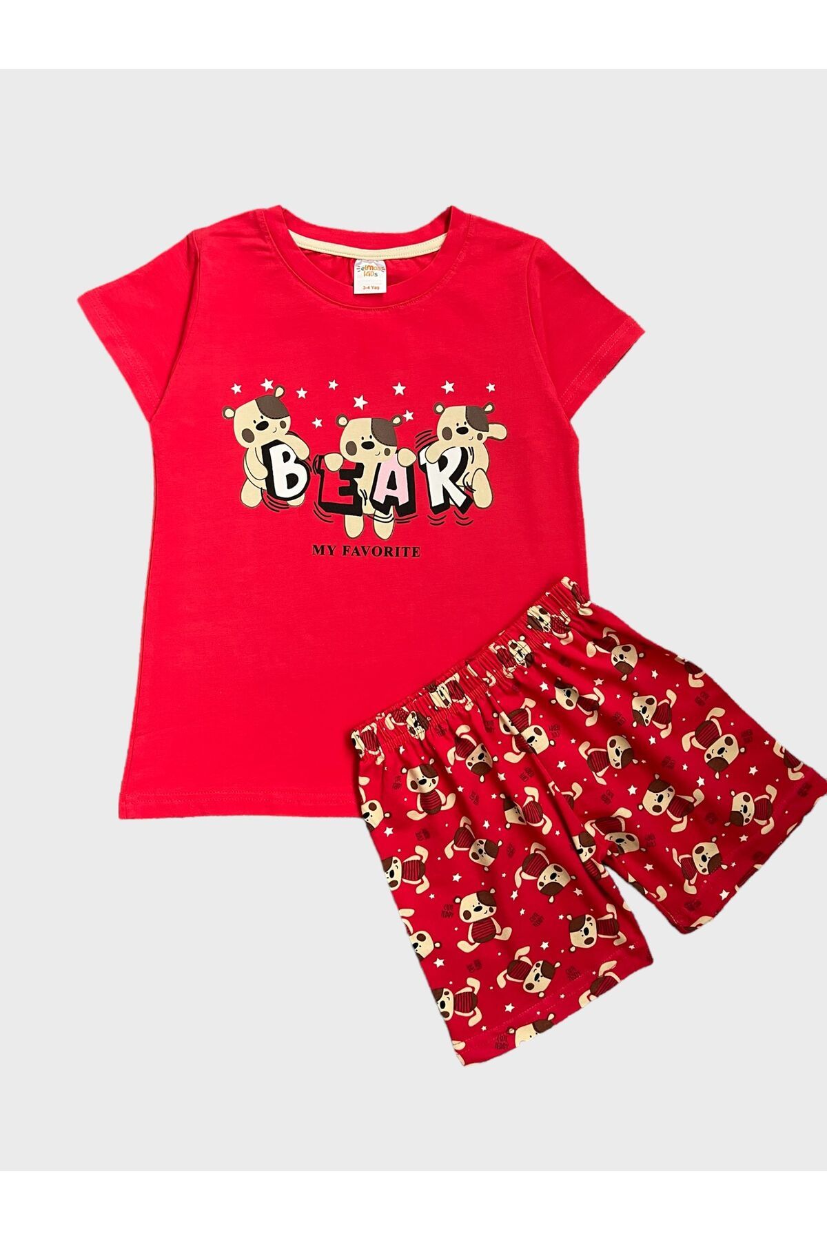 elmas kids Kız Çocuk %100 Pamuklu Bear Ayıcık Desenli Kırmızı Kısa Kollu Şortlu Yazlık Pijama Takımı