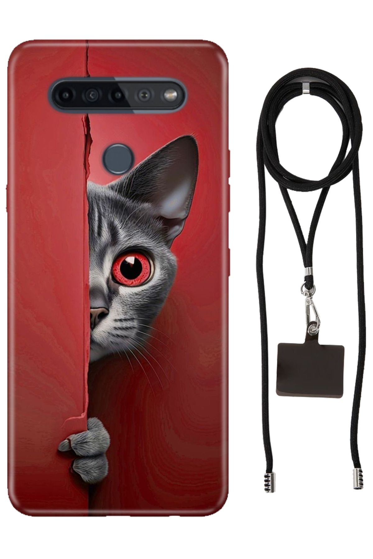 LG K51s Uyumlu Kılıf Red Cat Desenli Silikon İpli Boyun Askı Aparatı