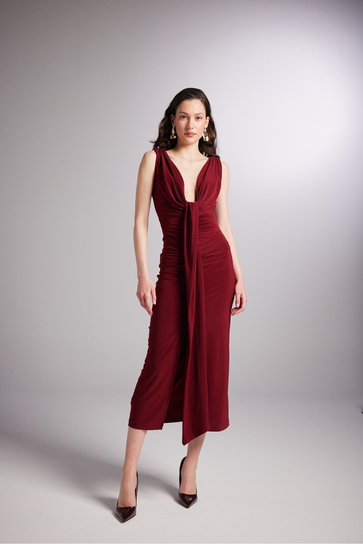 HOLLY LOLLY V Yaka Yırtmaçlı Astarlı Uzun Kate Elbise Bordo