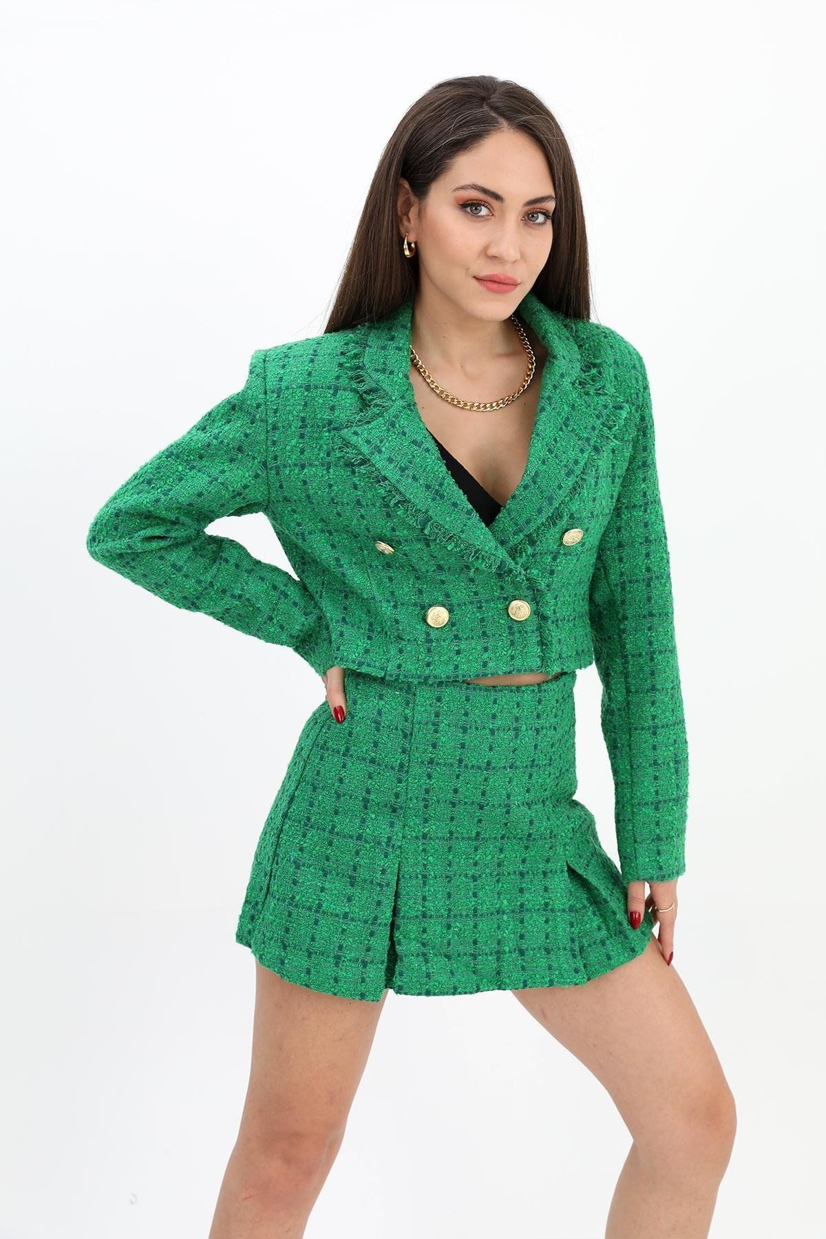 VAPUR TEKSTİL Yüksek Bel Yandan Fermuarlı Chanel Kumaş Şort Etek - Yeşil