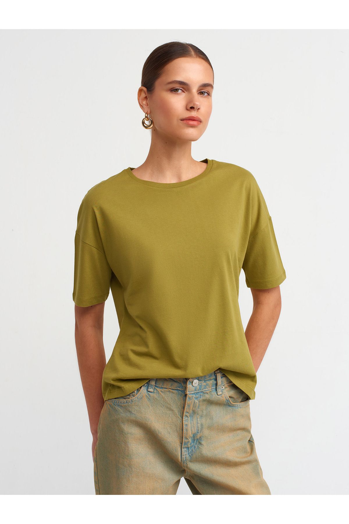 Dilvin 3683 Basic T-Shirt-Yağ Yeşil