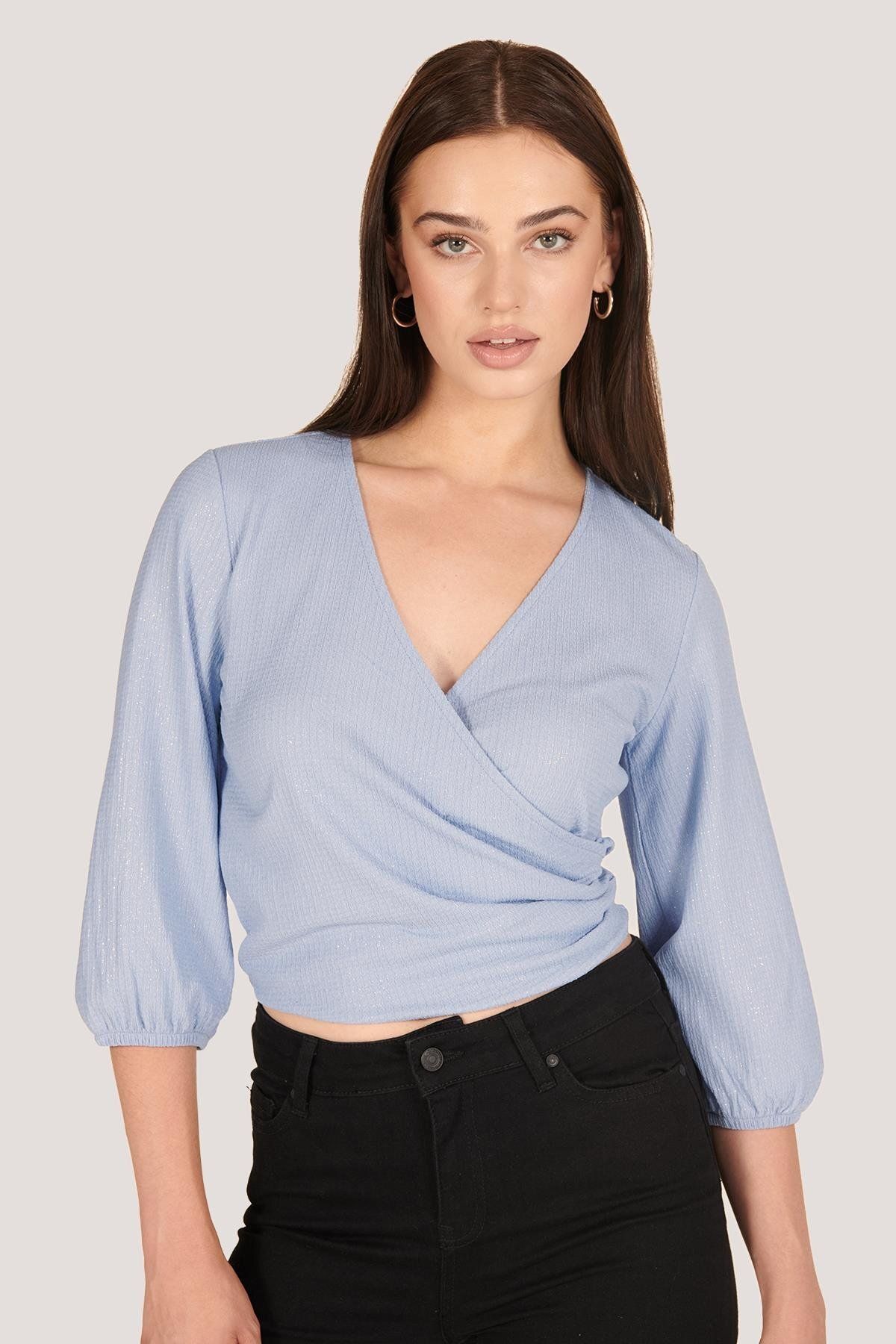 ES&SY P-005007 - Kadın Uzun Kollu V Yaka Wrap Bluz - Mavi