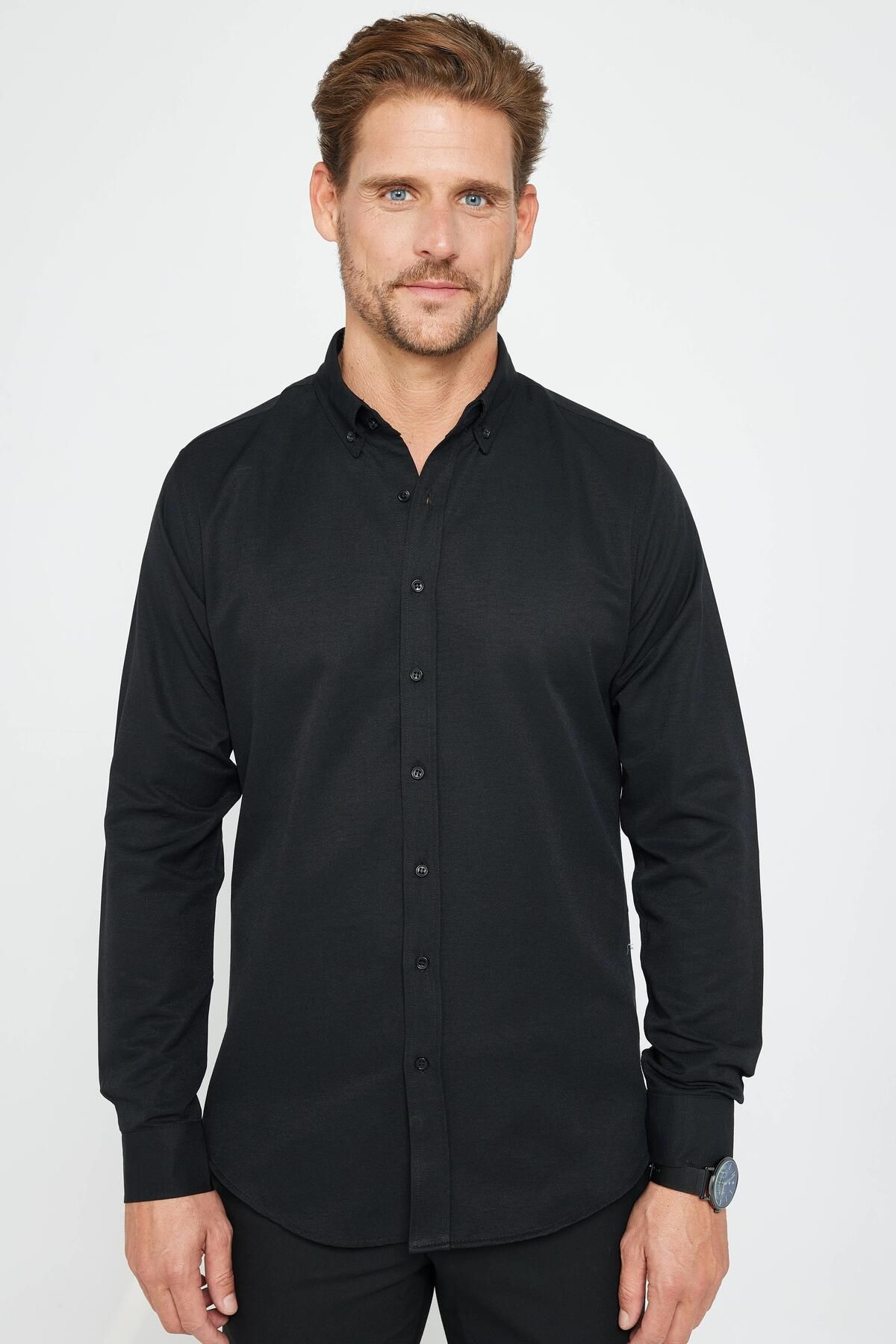 Tudors Slim Fit Uzun Kollu Dar Kesim Düğmeli Yaka Pamuklu Düz Oxford Siyah Erkek Gömlek