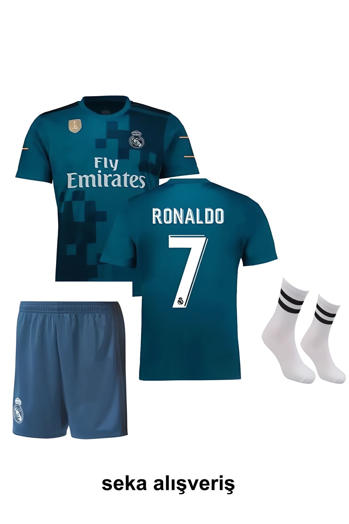 Seka Alışveriş Ronaldo Mavi-turkuaz 7 Real Madrid 2018 Deplasman 3'lü Çoçuk Forma Seti