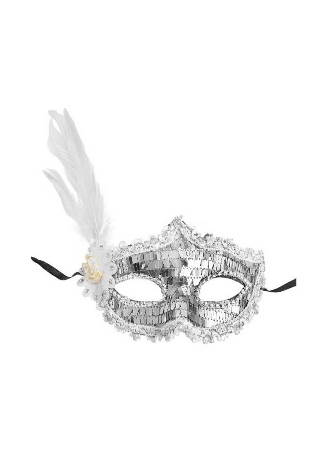 acakir Gümüş Payetli Pullu Beyaz Renk Yandan Tüylü Parti Maskesi 18x22 Cm