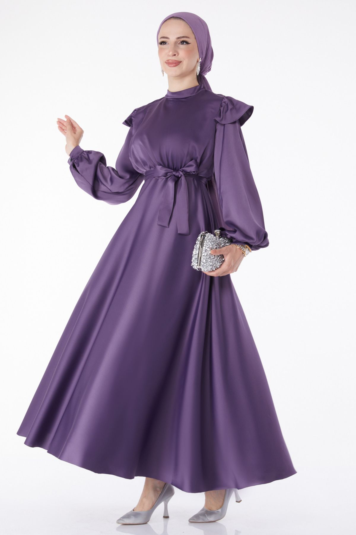 TOFİSA Düz Hakim Yaka Kadın Lila Prenses Kol Abiye Elbise - 24887