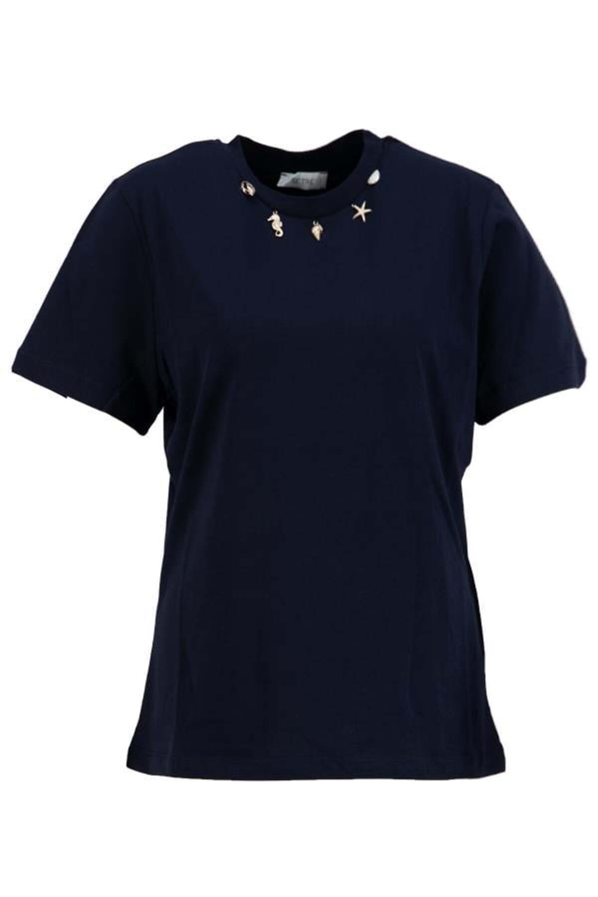 Setre Lacivert Yakası Taş Detaylı Basic T-Shirt