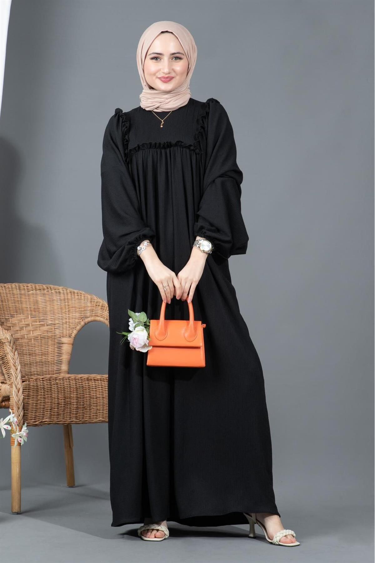 Sevitli Fırfırlı Robalı Bürümcük Elbise-siyah