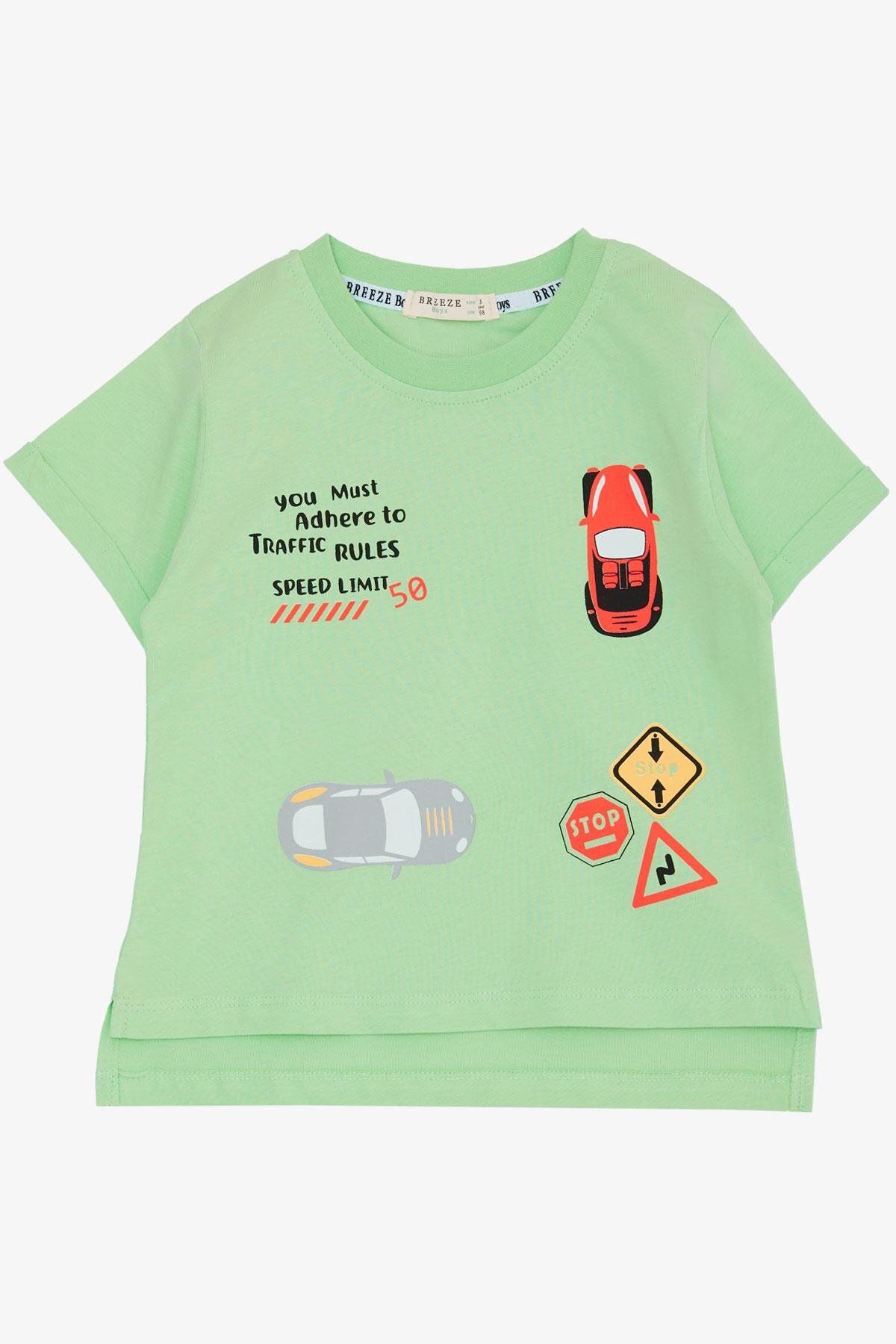 Breeze Erkek Çocuk Tişört Slogan Temalı Araba Baskılı 2-6 Yaş, Fıstık Yeşili